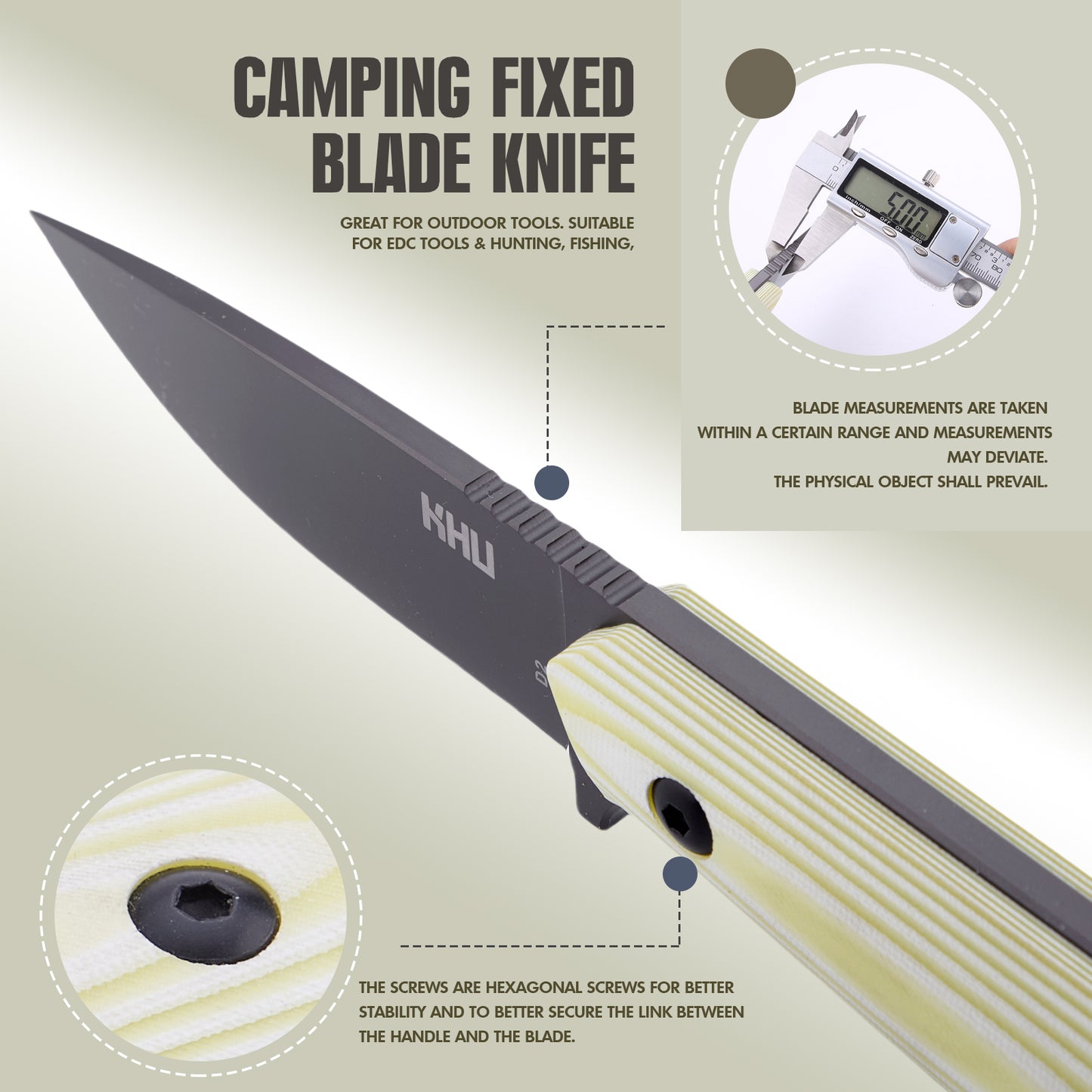 KHU Fixed Blade Knife Tactical, Survival Knife Hunting Knife D2 Steel G10 Handle, Outdoor Hunting Camping Accessories Camping Gear With Kydex Sheath - 29A
