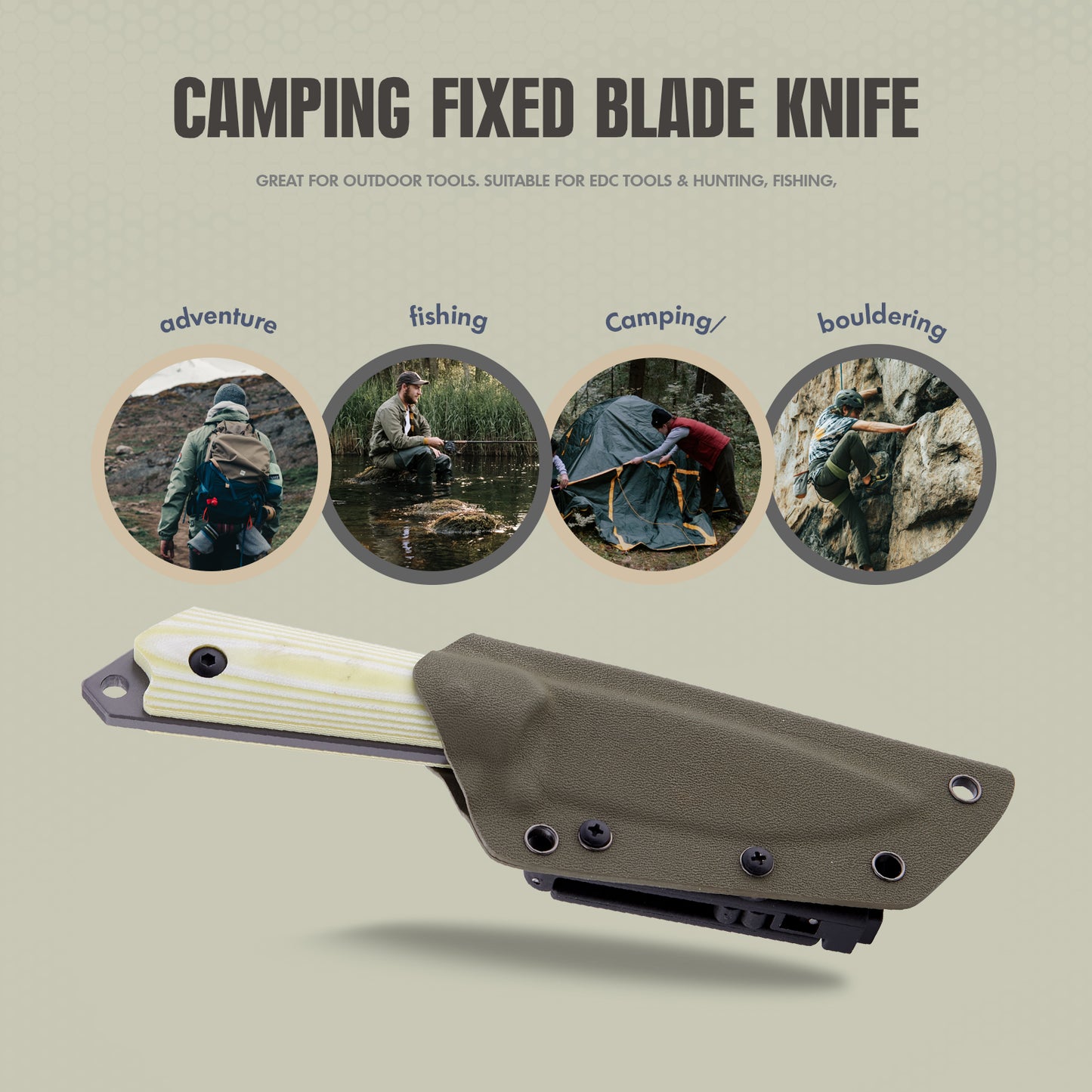 KHU Fixed Blade Knife Tactical, Survival Knife Hunting Knife D2 Steel G10 Handle, Outdoor Hunting Camping Accessories Camping Gear With Kydex Sheath - 29A