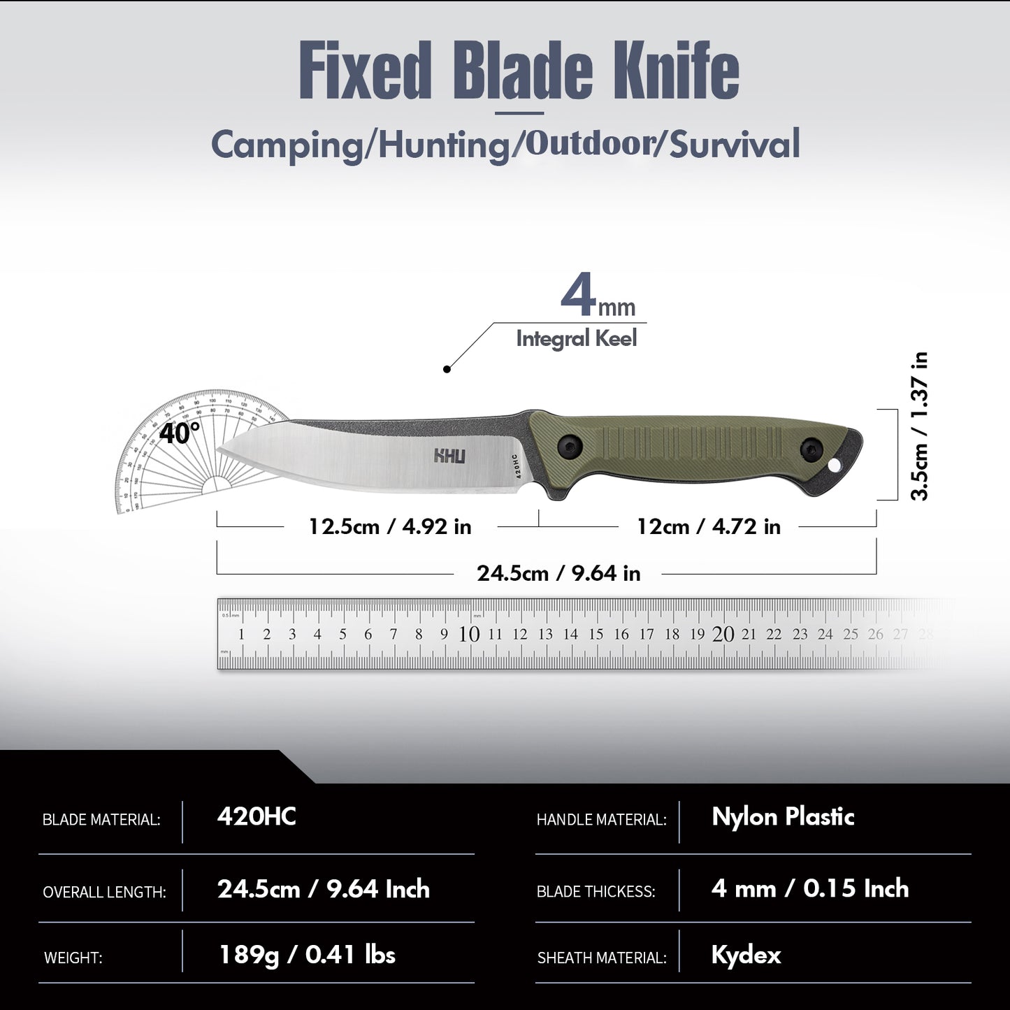 KHU Cuchillo Hoja Fija, Cuchillo Supervivencia Cuchillo Caza Cuchillo Bushcraft 420HC Acero Mango de Nylon Plástico, Outdoor Caza Camping Accesorios - Funda Kydex