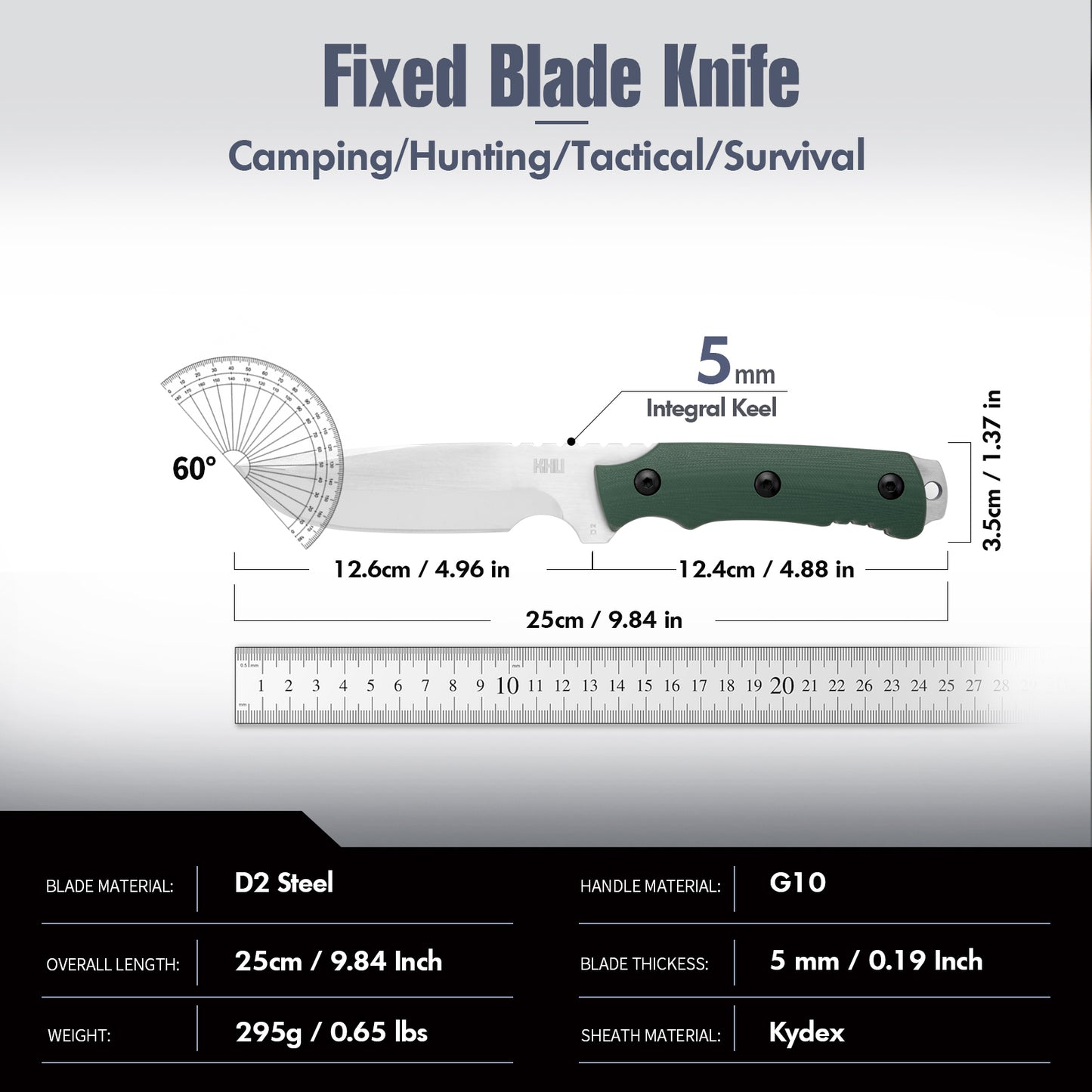 KHU Fixed Blade Knife Tactical, Hunting Knife Survival Knife D2 Steel G10 Handle, Outdoor Hunting Camping Accessories Camping Gear With Kydex Sheath - 16A