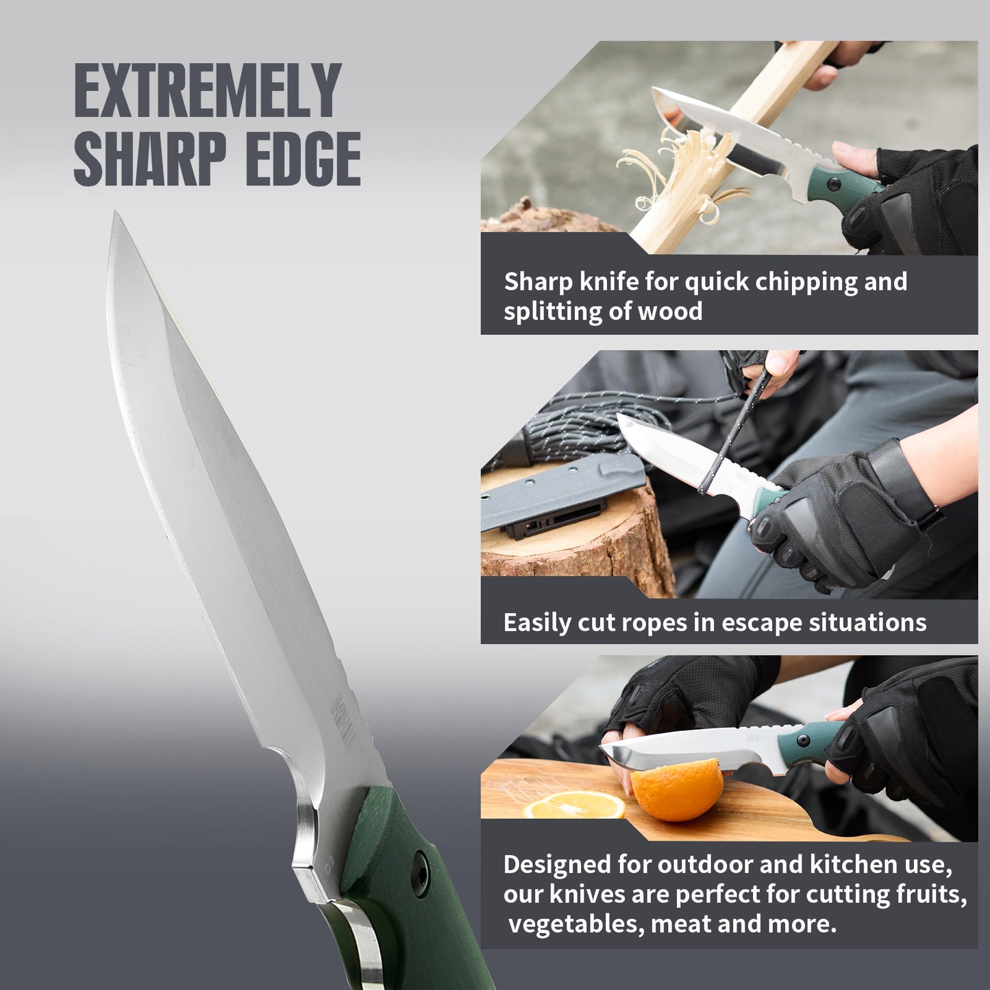 KHU Fixed Blade Knife Tactical, Hunting Knife Survival Knife D2 Steel G10 Handle, Outdoor Hunting Camping Accessories Camping Gear With Kydex Sheath - 16A