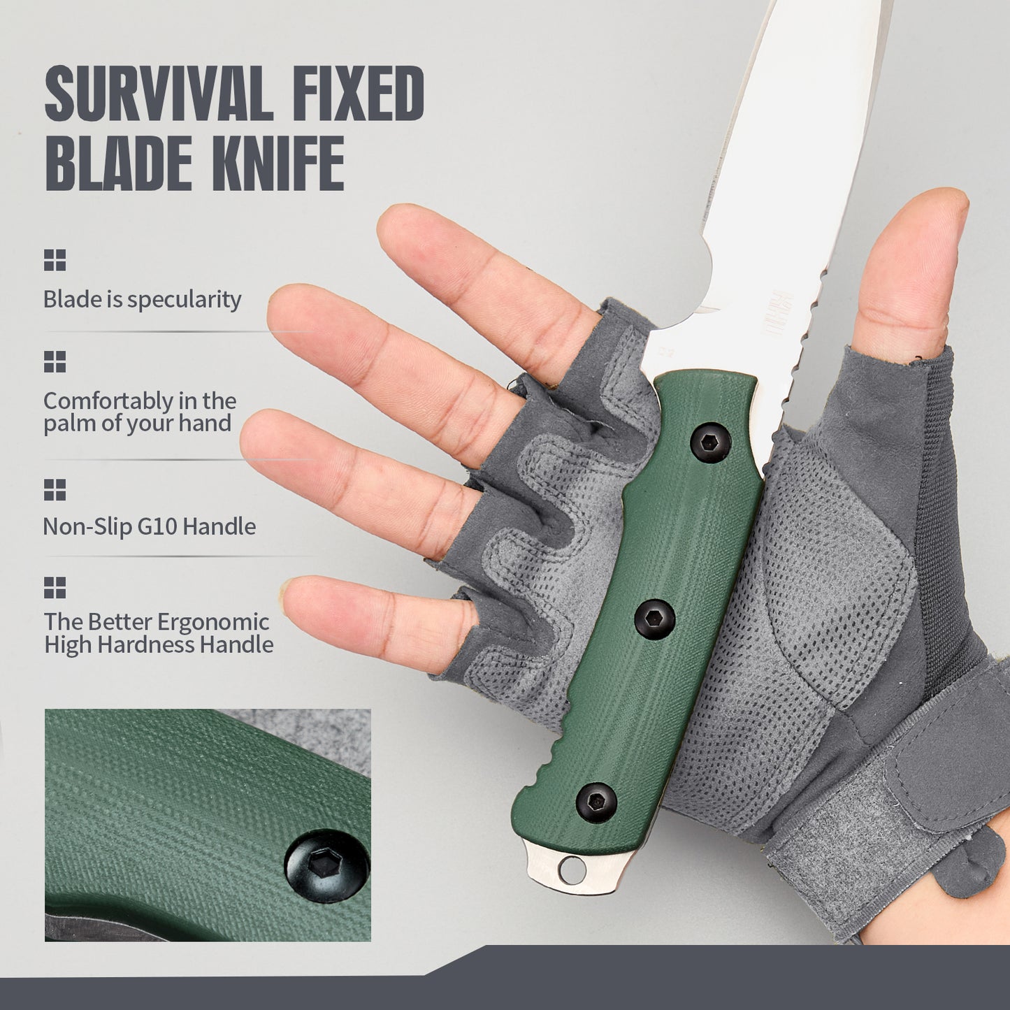 KHU Fixed Blade Knife Tactical, Hunting Knife Survival Knife D2 Steel G10 Handle, Outdoor Hunting Camping Accessories Camping Gear With Kydex Sheath - 16A