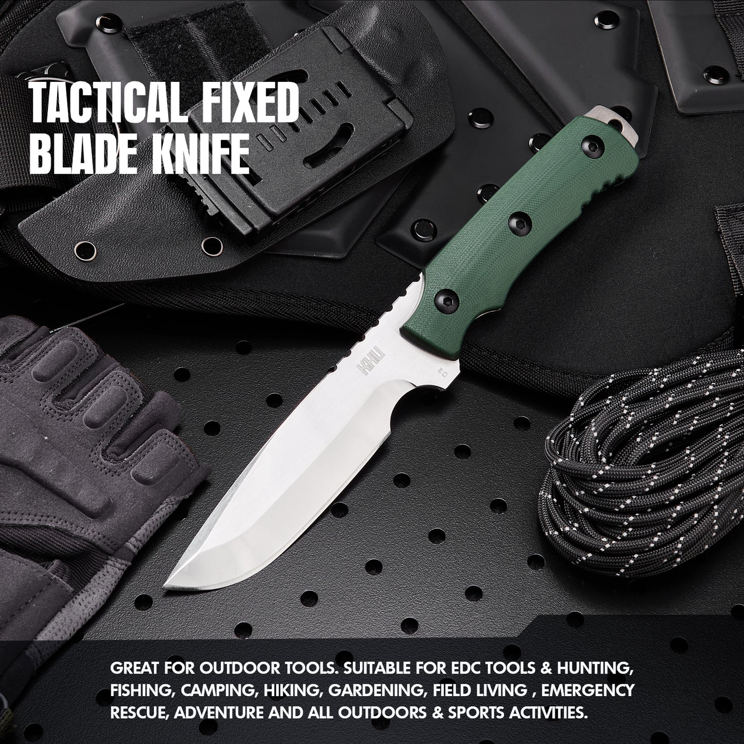 KHU Fixed Blade Knife Tactical, Hunting Knife Survival Knife D2 Steel G10 Handle, Outdoor Hunting Camping Accessories Camping Gear With Kydex Sheath - 16A