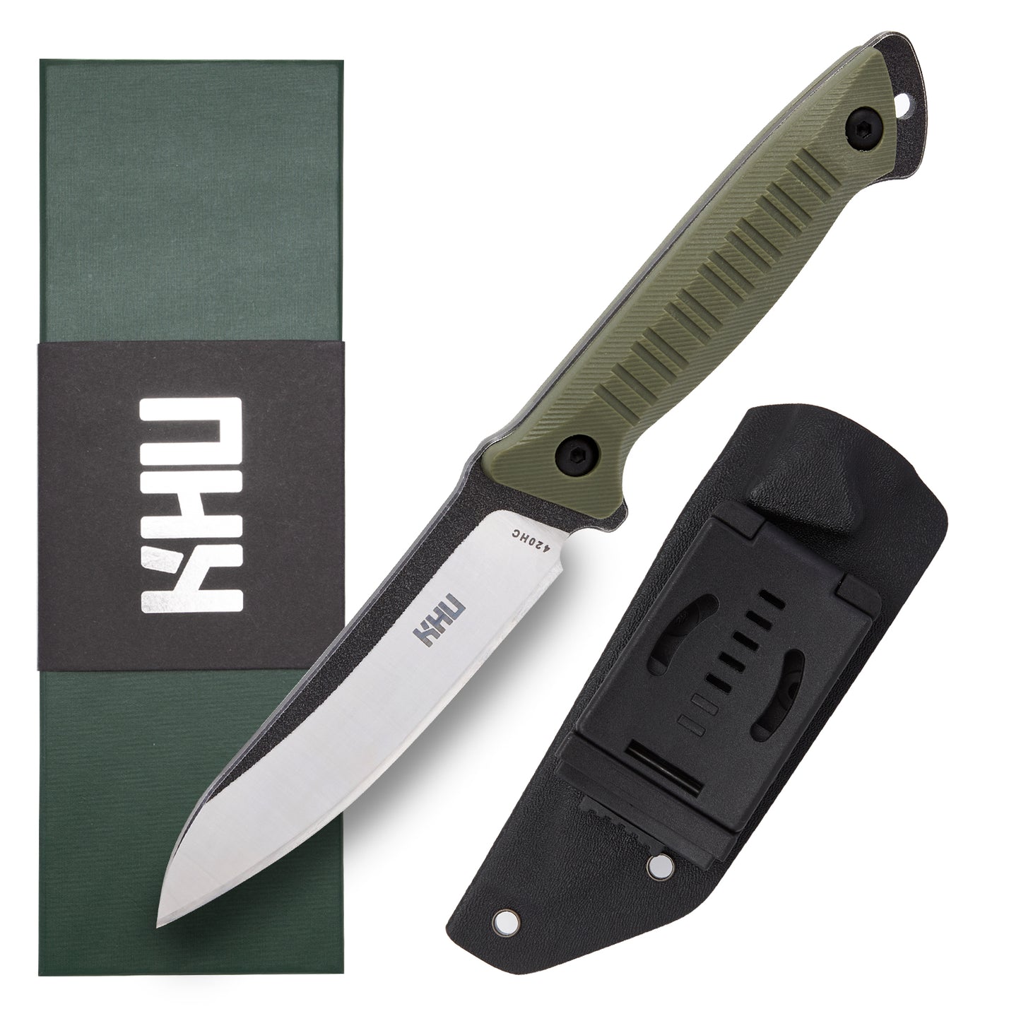 KHU Cuchillo Hoja Fija, Cuchillo Supervivencia Cuchillo Caza Cuchillo Bushcraft 420HC Acero Mango de Nylon Plástico, Outdoor Caza Camping Accesorios - Funda Kydex