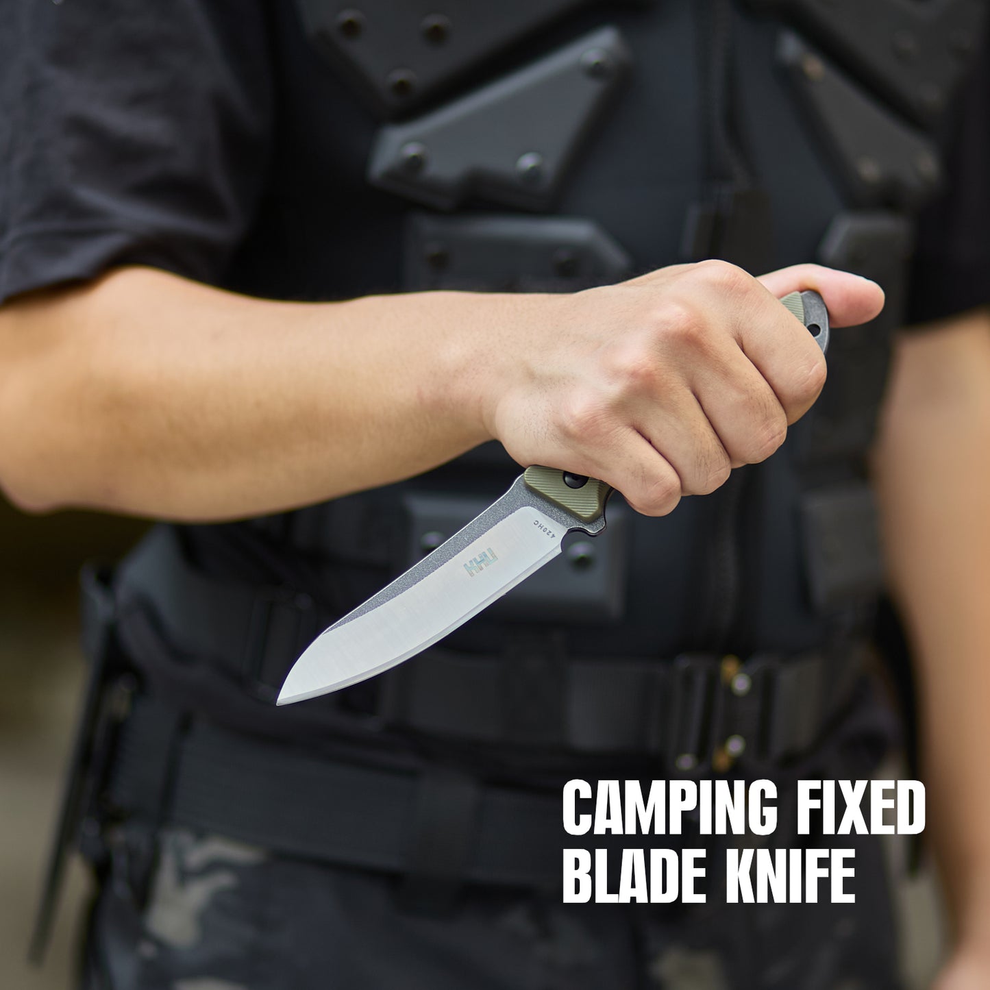 KHU Cuchillo Hoja Fija, Cuchillo Supervivencia Cuchillo Caza Cuchillo Bushcraft 420HC Acero Mango de Nylon Plástico, Outdoor Caza Camping Accesorios - Funda Kydex
