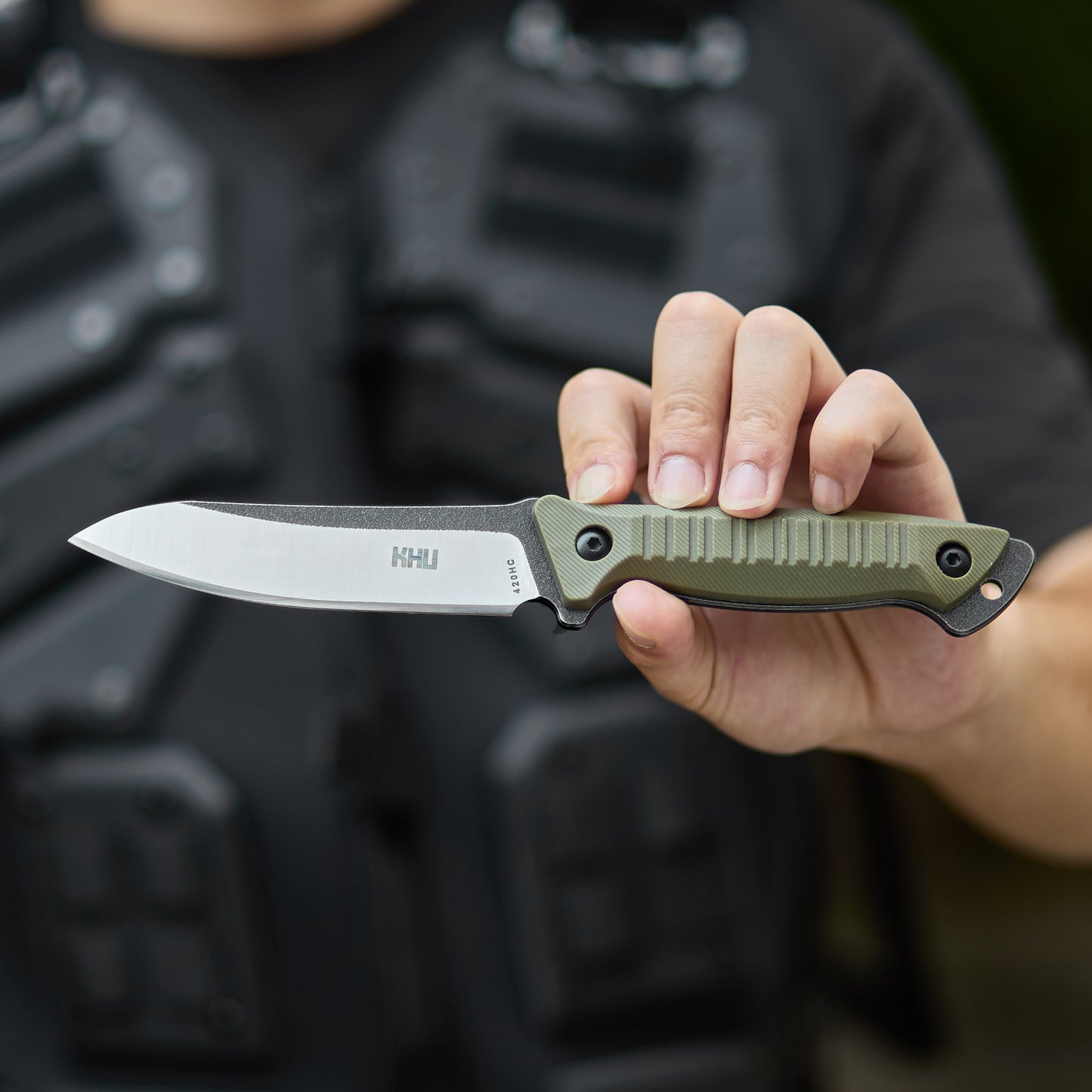 KHU Cuchillo Hoja Fija, Cuchillo Supervivencia Cuchillo Caza Cuchillo Bushcraft 420HC Acero Mango de Nylon Plástico, Outdoor Caza Camping Accesorios - Funda Kydex