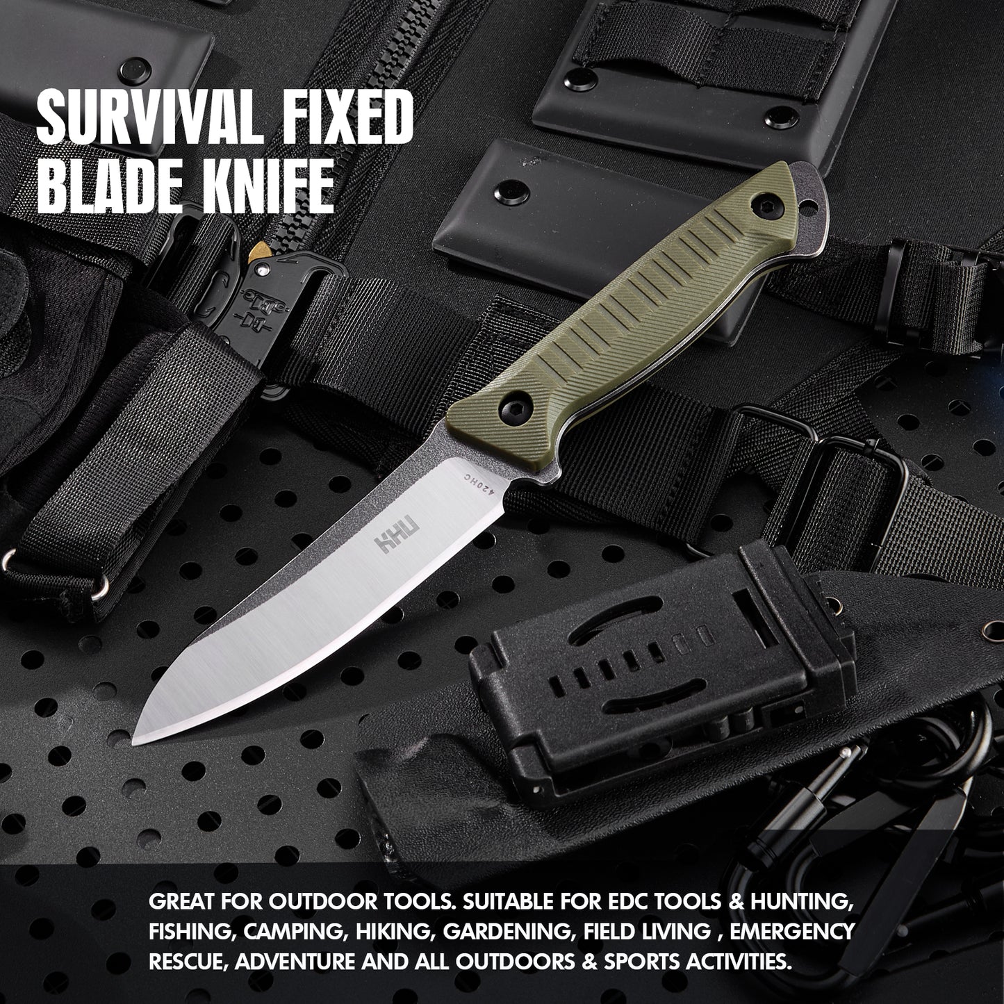 KHU Cuchillo Hoja Fija, Cuchillo Supervivencia Cuchillo Caza Cuchillo Bushcraft 420HC Acero Mango de Nylon Plástico, Outdoor Caza Camping Accesorios - Funda Kydex