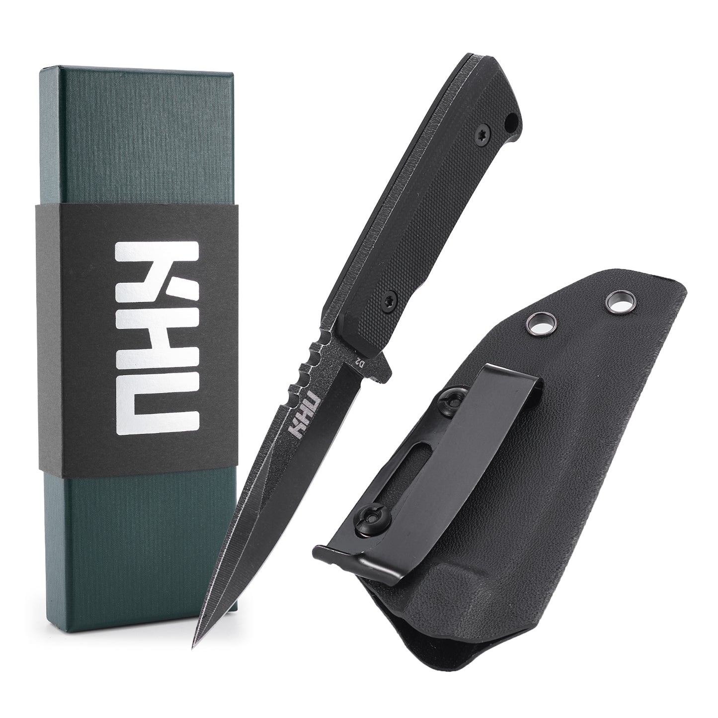 KHU Outdoor Messer Feststehende Klinge Survival Messer Jagdmesser Bushcraft Messer Camping Messer - D2 Stahl, G10-Griff - Outdoor Jagd Camping Wandern - Mit Kydex Scheide