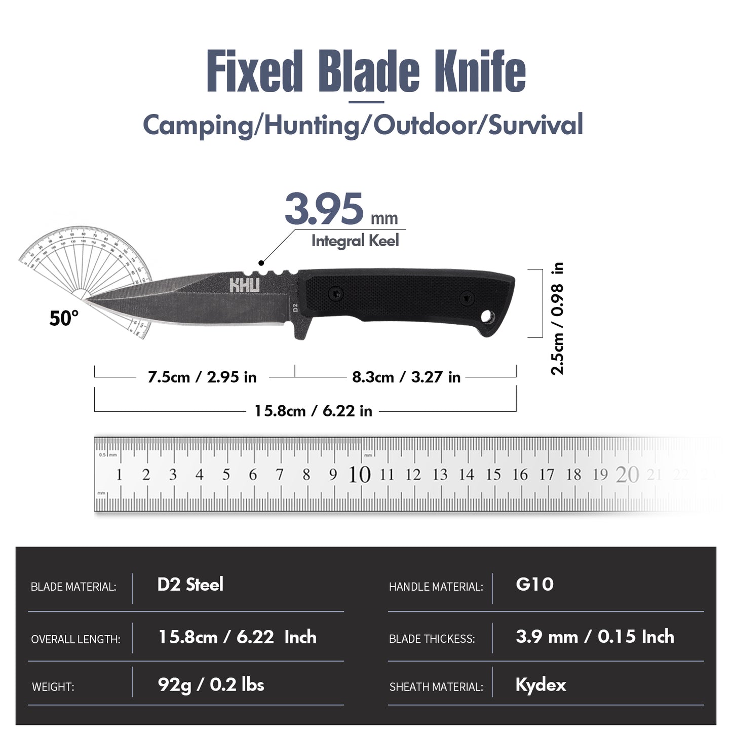 KHU Outdoor Messer Feststehende Klinge Survival Messer Jagdmesser Bushcraft Messer Camping Messer - D2 Stahl, G10-Griff - Outdoor Jagd Camping Wandern - Mit Kydex Scheide