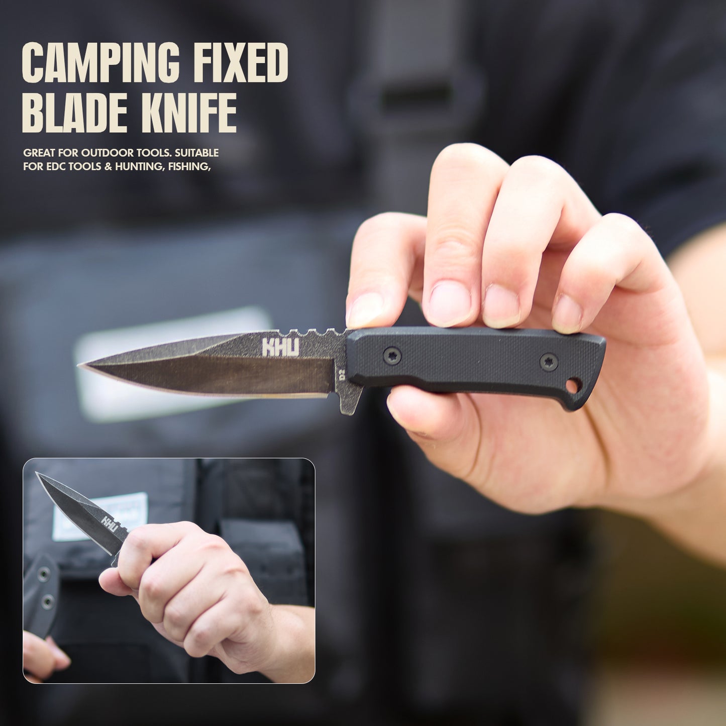 KHU Outdoor Messer Feststehende Klinge Survival Messer Jagdmesser Bushcraft Messer Camping Messer - D2 Stahl, G10-Griff - Outdoor Jagd Camping Wandern - Mit Kydex Scheide