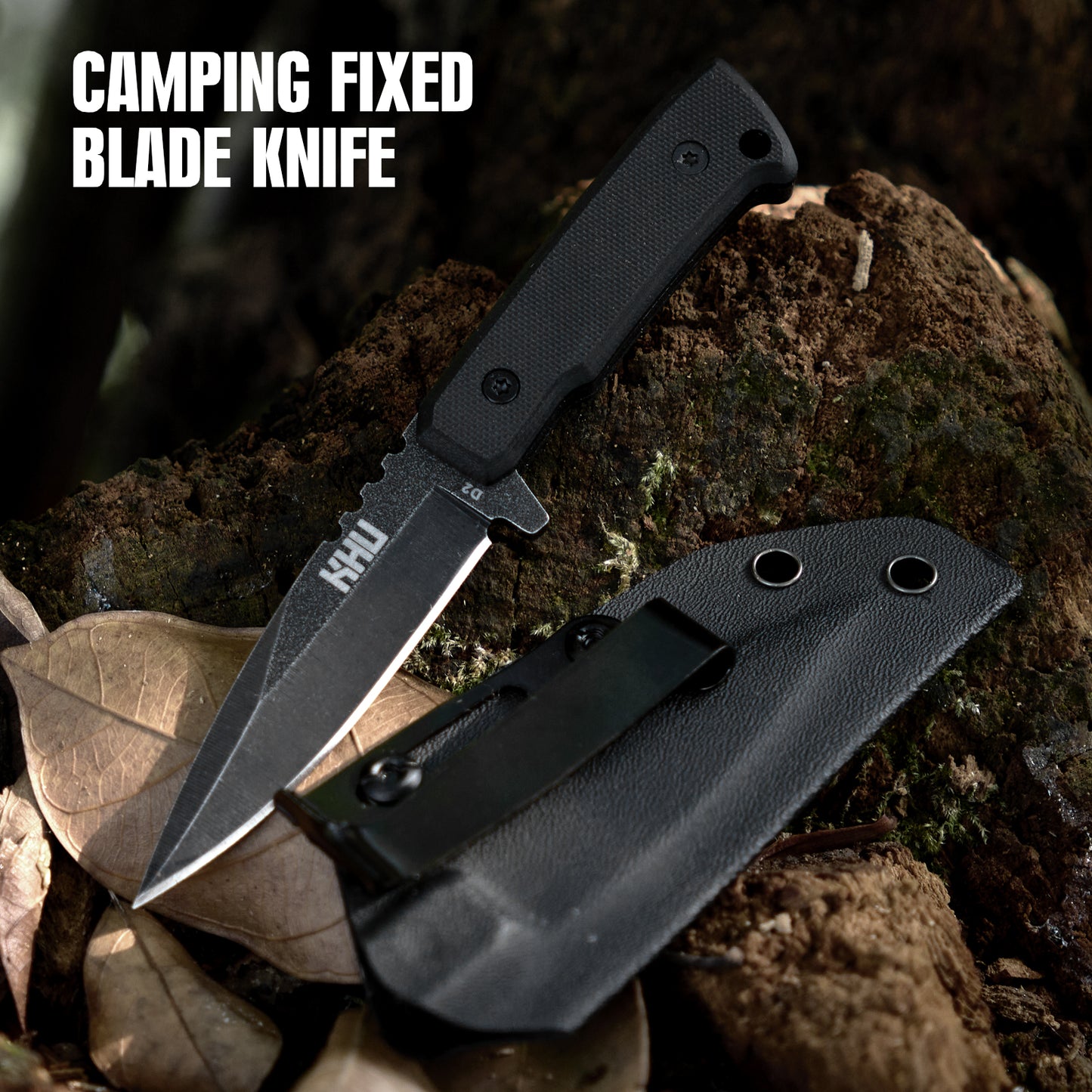 KHU Outdoor Messer Feststehende Klinge Survival Messer Jagdmesser Bushcraft Messer Camping Messer - D2 Stahl, G10-Griff - Outdoor Jagd Camping Wandern - Mit Kydex Scheide