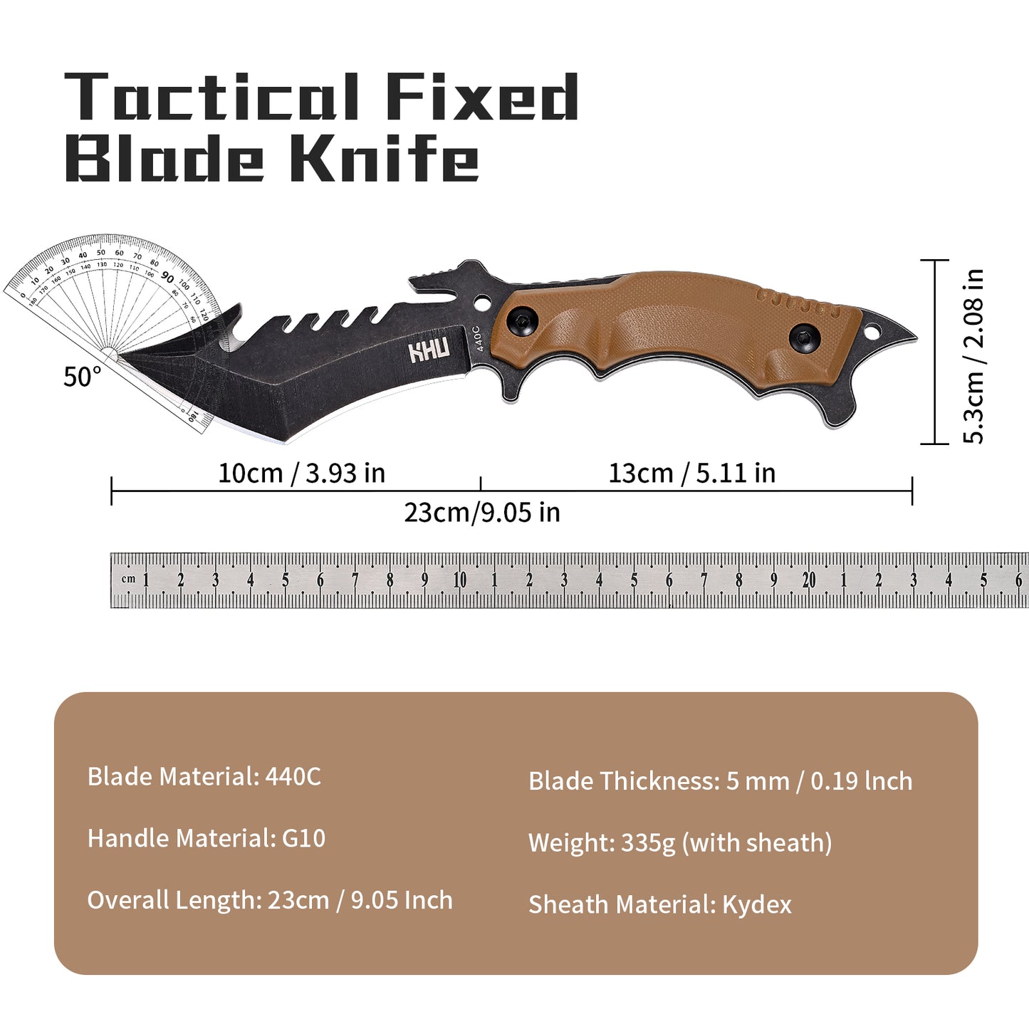 KHU Fixed Blade Knife Tactical, Hunting Knife Survival Knife 440C Steel G10 Handle, Outdoor Hunting Camping Accessories Camping Gear With Kydex Sheath - 24A