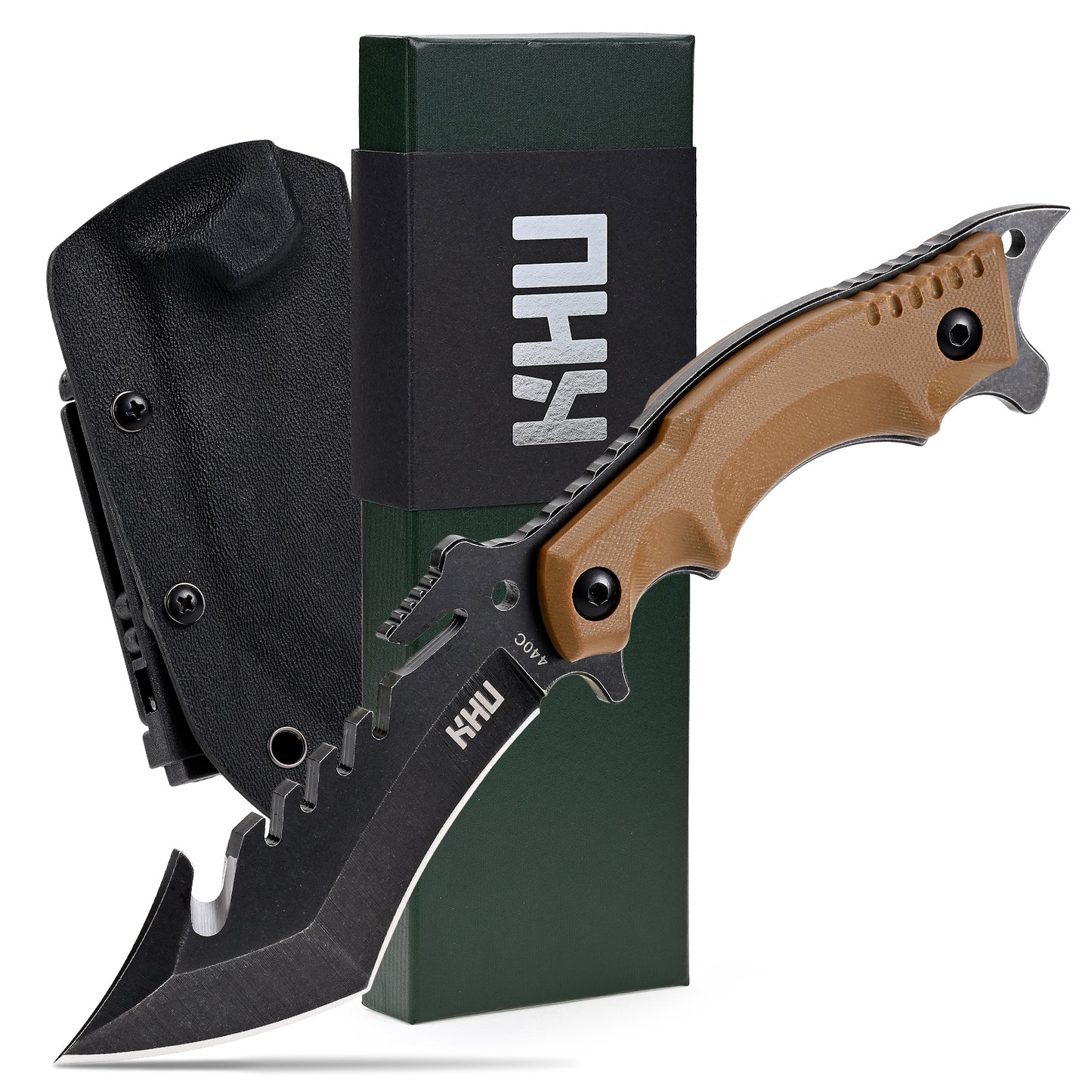KHU Fixed Blade Knife Tactical, Hunting Knife Survival Knife 440C Steel G10 Handle, Outdoor Hunting Camping Accessories Camping Gear With Kydex Sheath - 24A