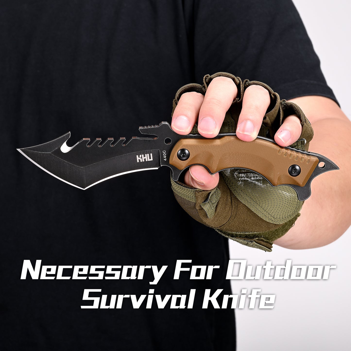 KHU Fixed Blade Knife Tactical, Hunting Knife Survival Knife 440C Steel G10 Handle, Outdoor Hunting Camping Accessories Camping Gear With Kydex Sheath - 24A