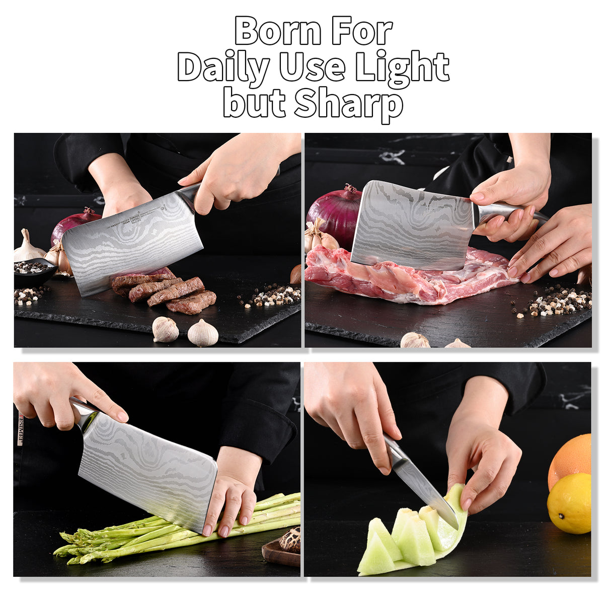 Chopping Knife and Fruit Knife,2 Pieces Kitchen Knife Set Damascus Pattern Chinese Cleaver Paring Knife with Hollow Handle