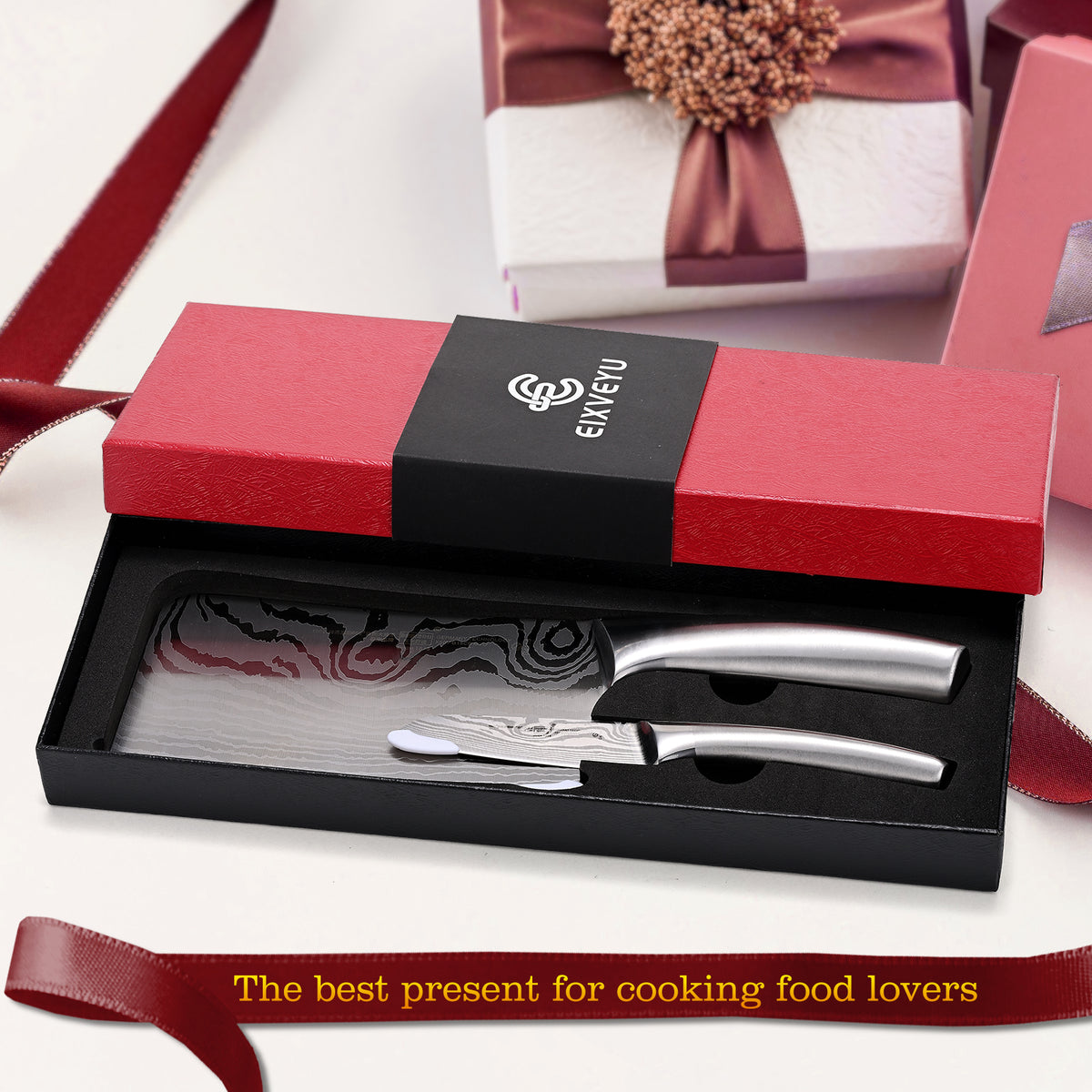 Chopping Knife and Fruit Knife,2 Pieces Kitchen Knife Set Damascus Pattern Chinese Cleaver Paring Knife with Hollow Handle