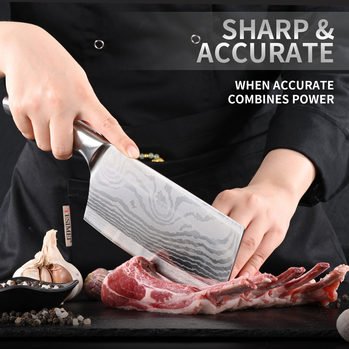 Chopping Knife and Fruit Knife,2 Pieces Kitchen Knife Set Damascus Pattern Chinese Cleaver Paring Knife with Hollow Handle