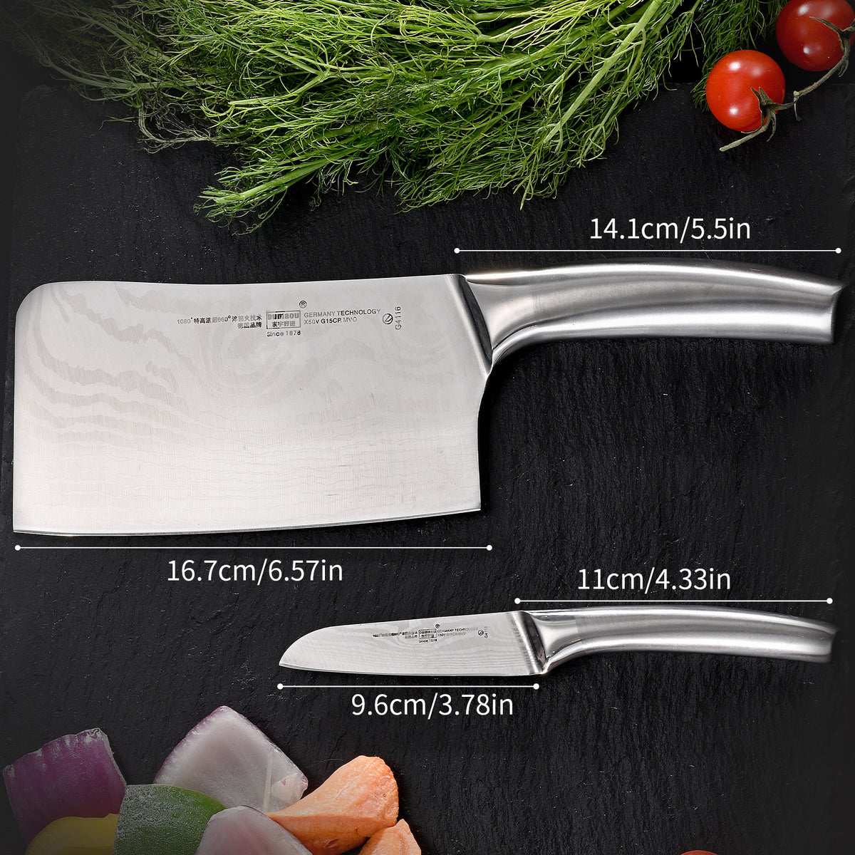 Chopping Knife and Fruit Knife,2 Pieces Kitchen Knife Set Damascus Pattern Chinese Cleaver Paring Knife with Hollow Handle