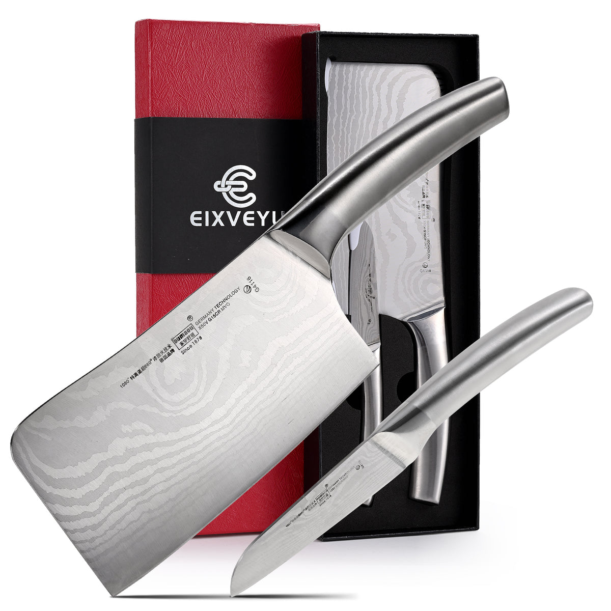Chopping Knife and Fruit Knife,2 Pieces Kitchen Knife Set Damascus Pattern Chinese Cleaver Paring Knife with Hollow Handle