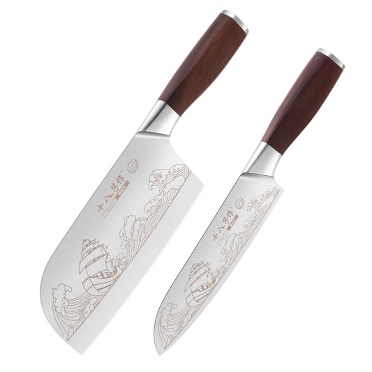 SHI BA ZI ZUO Meat Cleaver Set Chinese Style Patterns 7.09”&6.97" Chef Knife Stainless Steel Professional Kitchen Cleaver And Santoku Knife (Kitchen Knife Set 2 Pcs)