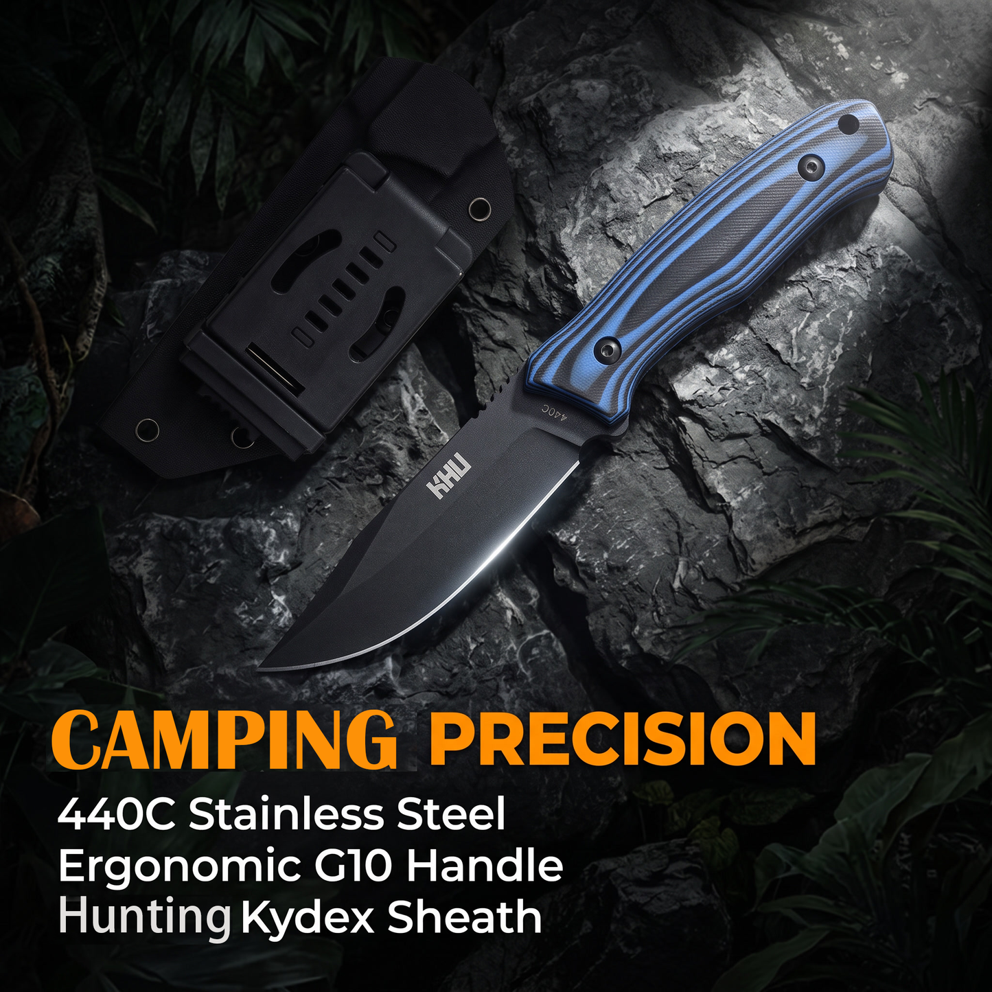 KHU Coltello a lama fissa Coltello da caccia Coltello da sopravvivenza Coltello Bushcraft D2 Acciaio G10 Handle, All'aperto caccia campeggio accessori utili regalo uomo With Kydex Sheath