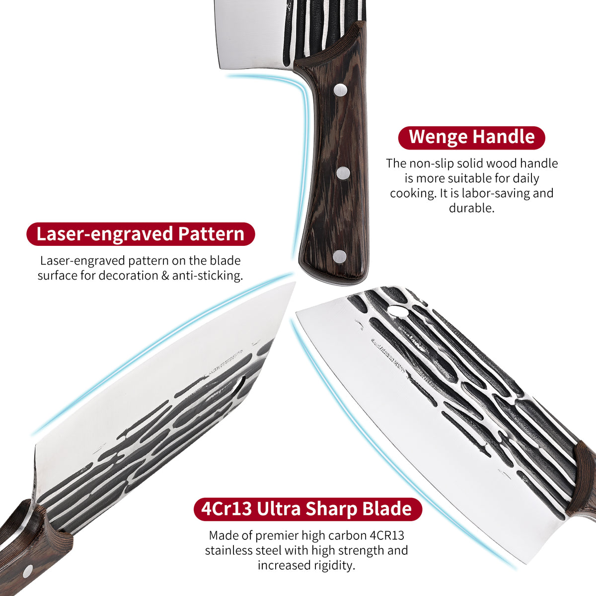 Forged Meat Cleaver Heavy Duty Kitchen Knife Chopping Knife for Vegetable and Meat Cutting,with Non-Slip Wooden Handle