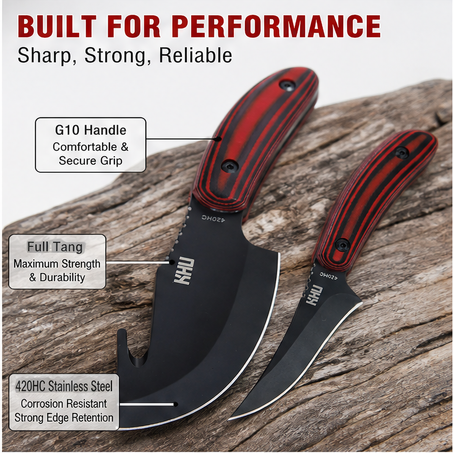 KHU Cuchillo Hoja Fija, Cuchillo Supervivencia Cuchillo Caza Cuchillo Bushcraft D2 Acero Mango de G10, Outdoor Caza Camping Accesorios - Funda Kydex