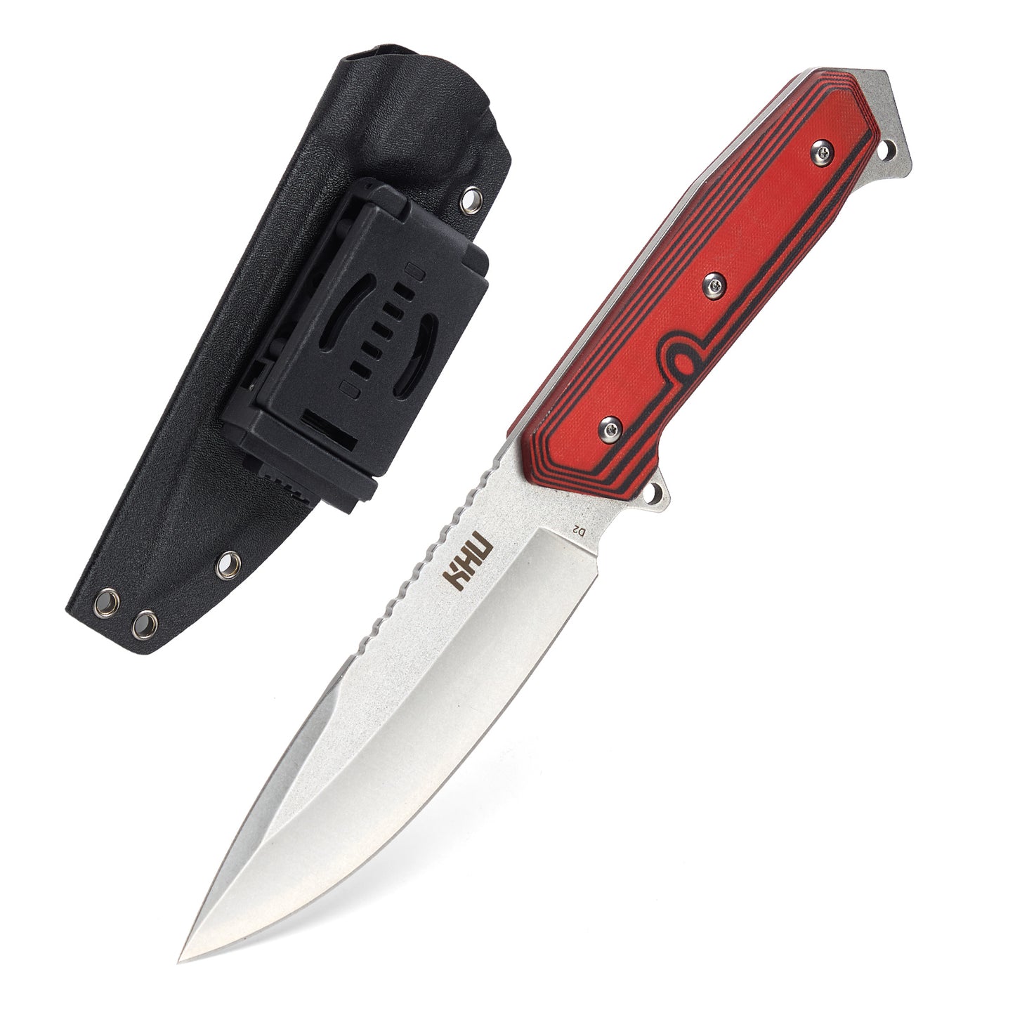 KHU Coltello a lama fissa Coltello da caccia Coltello da sopravvivenza Coltello Bushcraft D2 Acciaio G10 Handle, All'aperto caccia campeggio accessori utili regalo uomo With Kydex Sheath