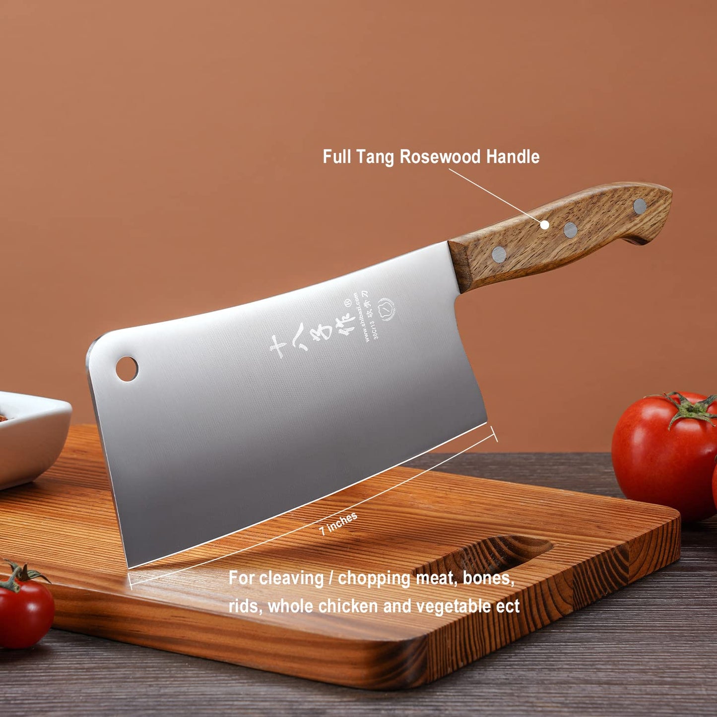 SHI BA ZI ZUO 7 Inch Stainless Steel Heavy Duty Bone Cleaver Butcher Knife Full Tang Handle with Heft