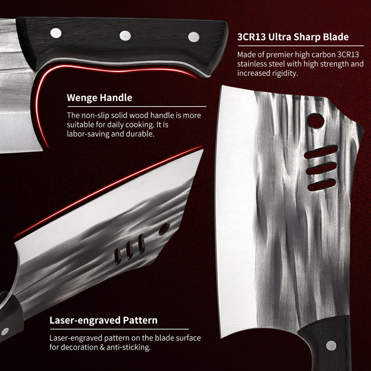 Chopping Knife Forged Cleaver Knife Heavy Duty Kitchen Knife for Meat Cutting with Anti-Slip Wooden Handle