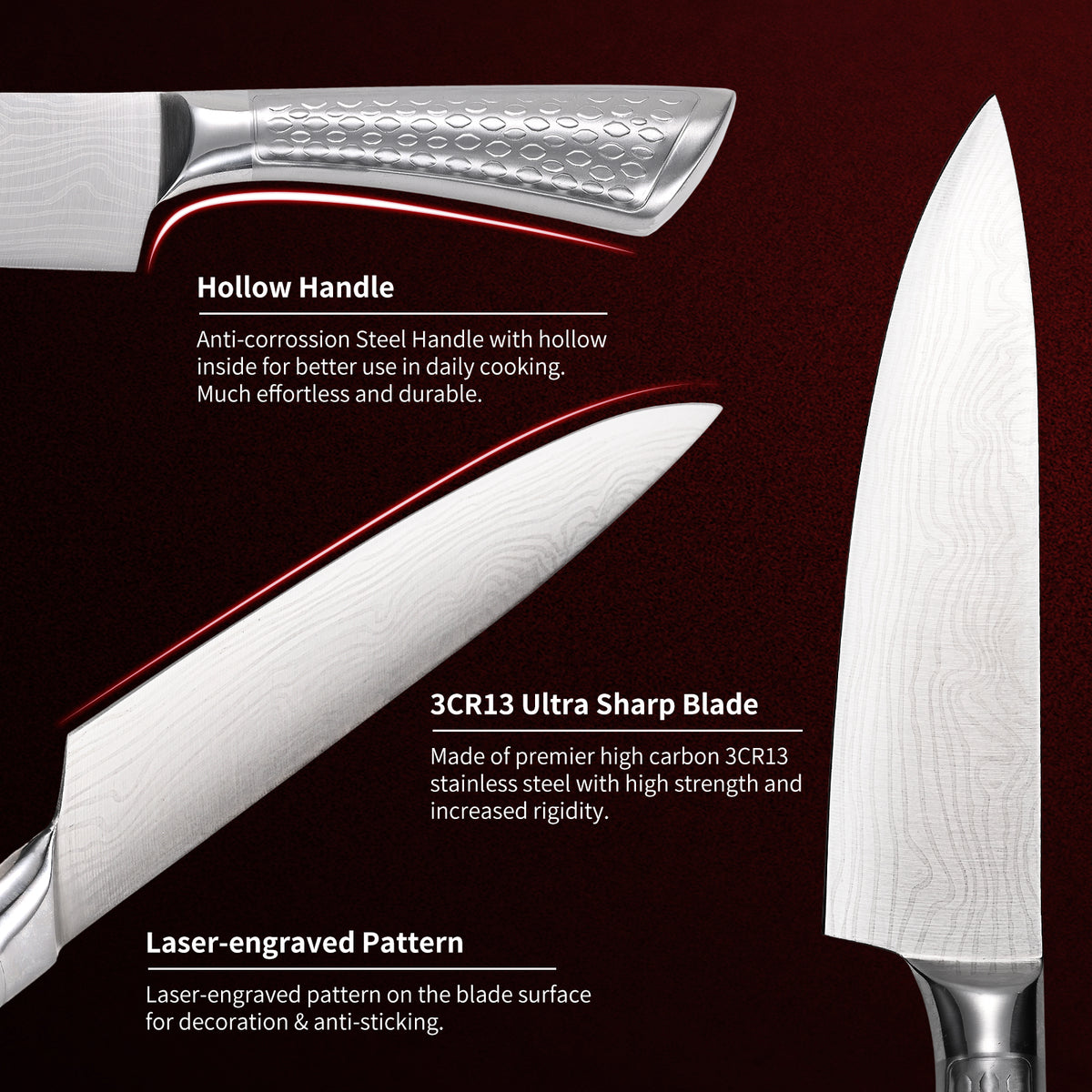 Chef Knife 10 inch Kitchen Knife Damascus Pattern Stainless Steel with Non-slip Hollow Handle