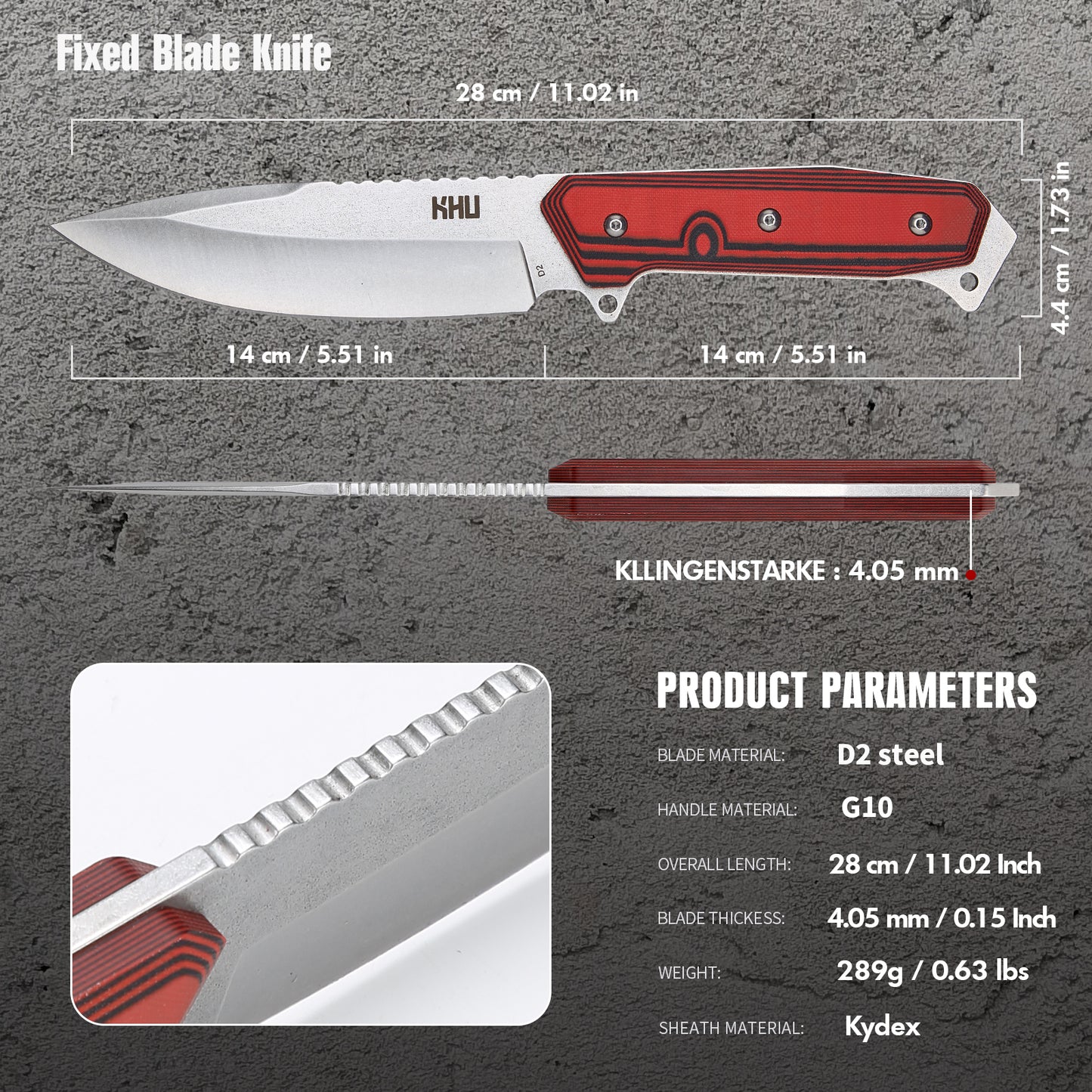KHU Coltello a lama fissa Coltello da caccia Coltello da sopravvivenza Coltello Bushcraft D2 Acciaio G10 Handle, All'aperto caccia campeggio accessori utili regalo uomo With Kydex Sheath