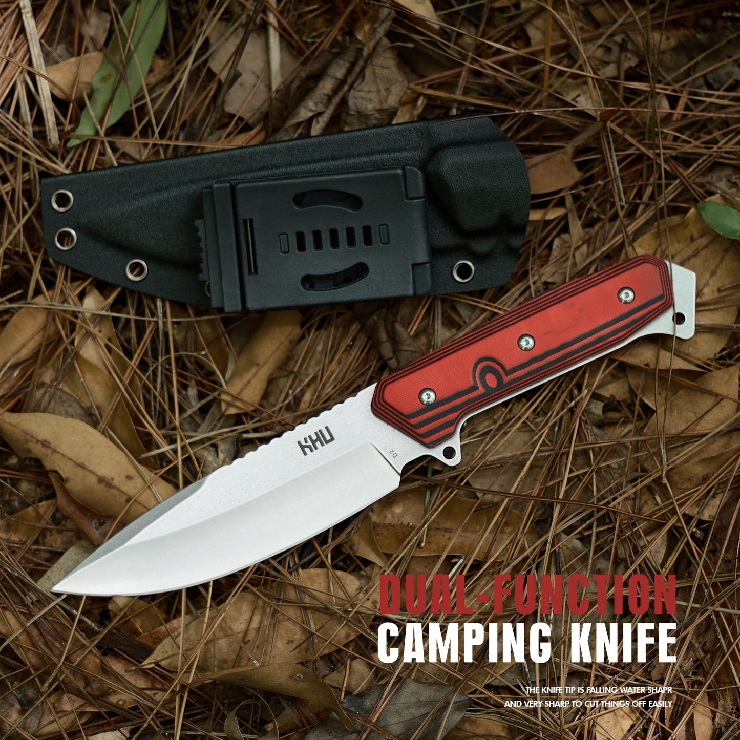 KHU Coltello a lama fissa Coltello da caccia Coltello da sopravvivenza Coltello Bushcraft D2 Acciaio G10 Handle, All'aperto caccia campeggio accessori utili regalo uomo With Kydex Sheath