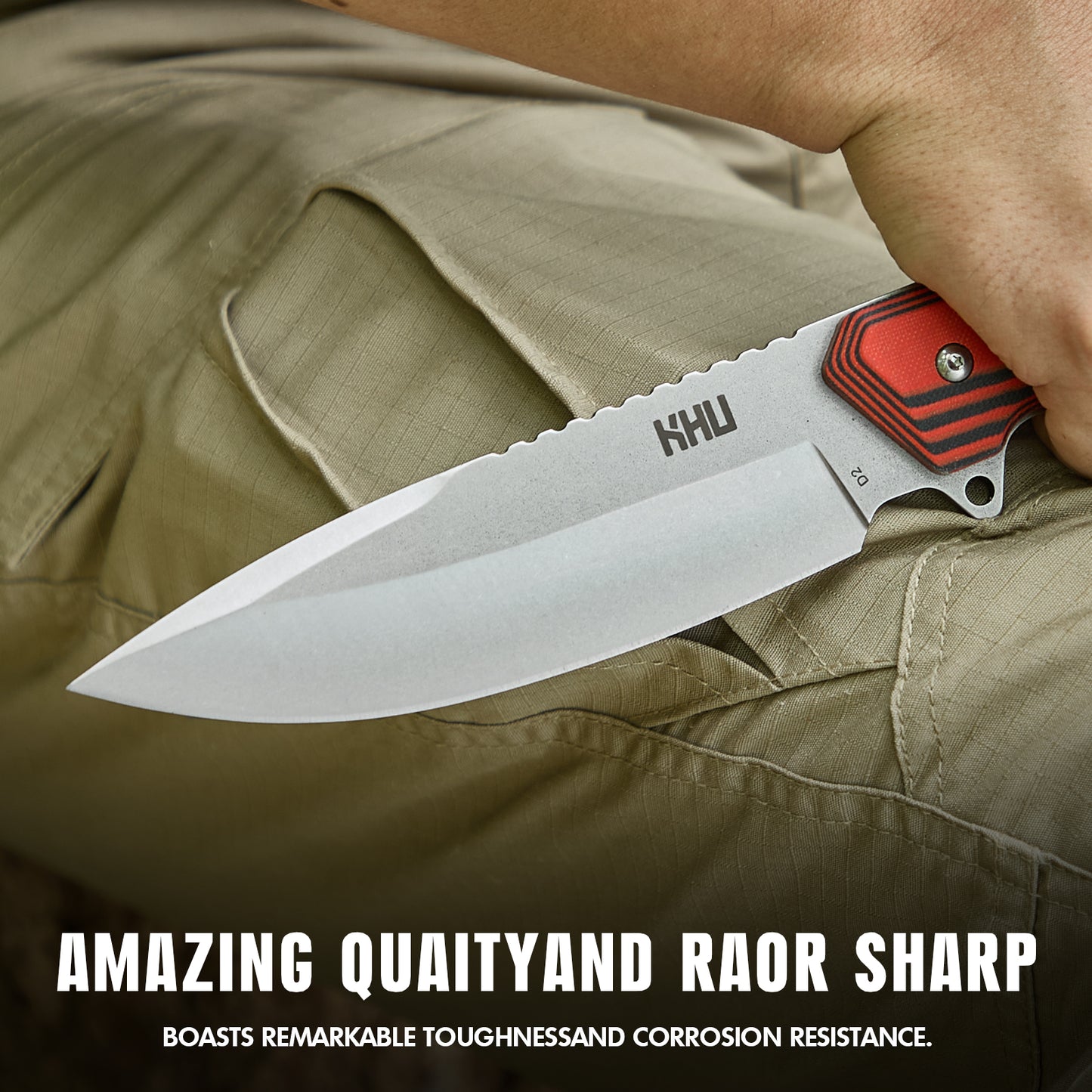 KHU Coltello a lama fissa Coltello da caccia Coltello da sopravvivenza Coltello Bushcraft D2 Acciaio G10 Handle, All'aperto caccia campeggio accessori utili regalo uomo With Kydex Sheath
