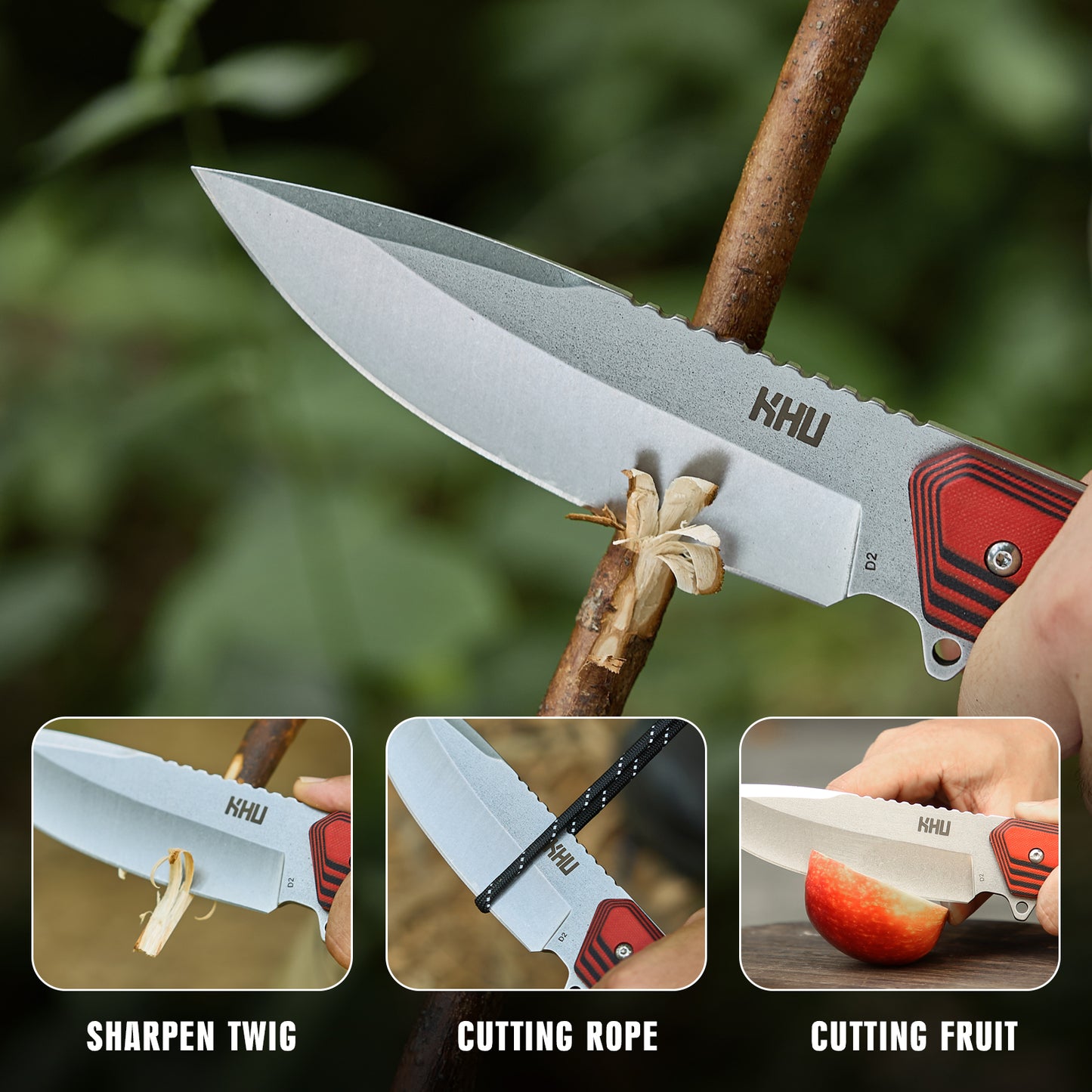 KHU Coltello a lama fissa Coltello da caccia Coltello da sopravvivenza Coltello Bushcraft D2 Acciaio G10 Handle, All'aperto caccia campeggio accessori utili regalo uomo With Kydex Sheath