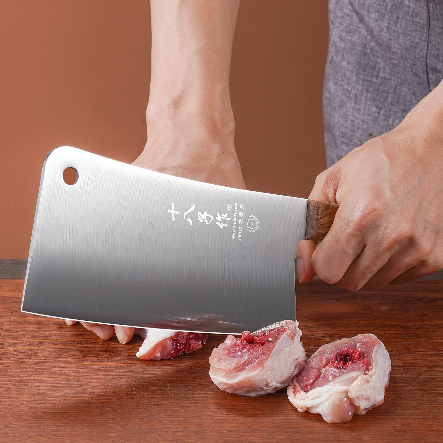 SHI BA ZI ZUO 7 Inch Stainless Steel Heavy Duty Bone Cleaver Butcher Knife Full Tang Handle with Heft