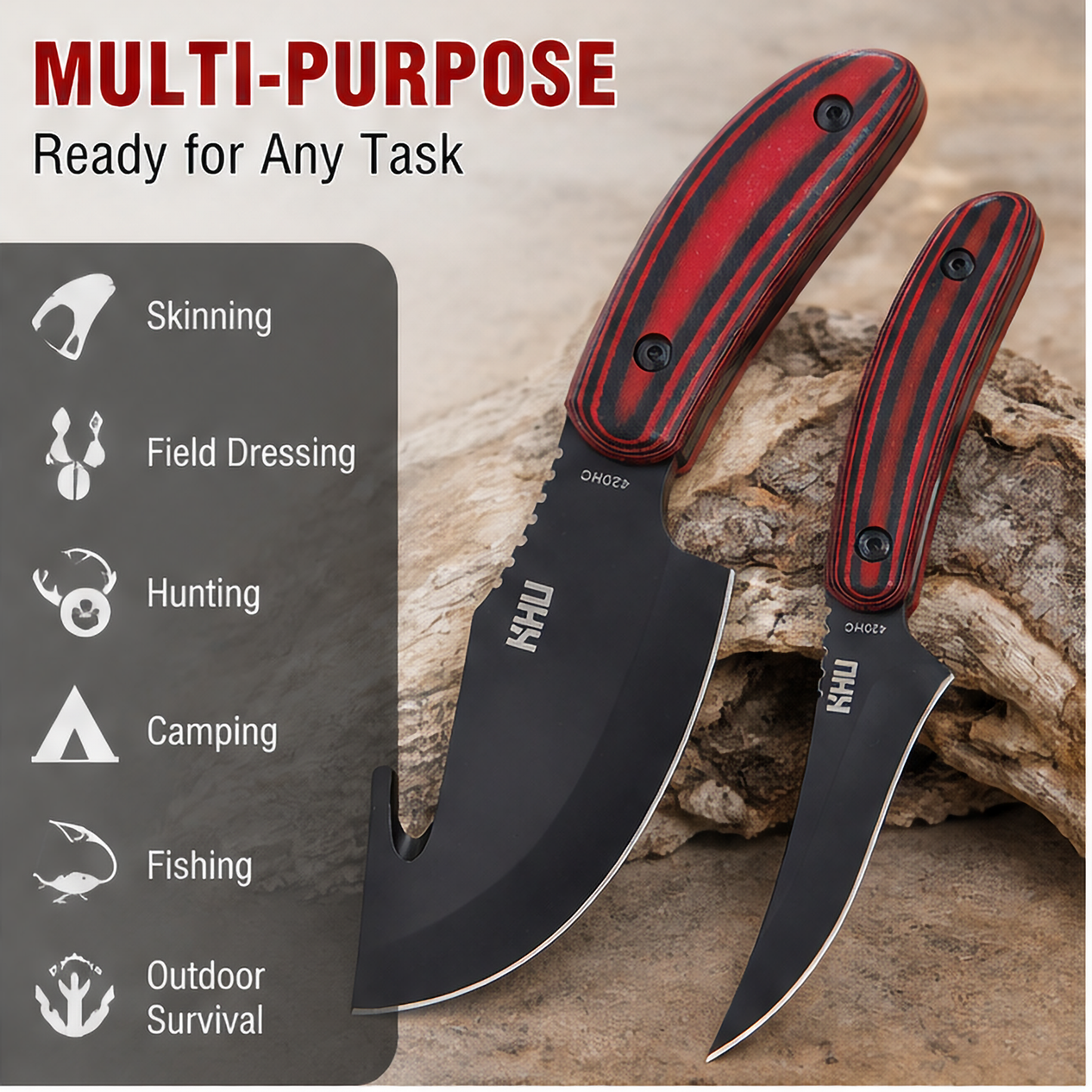 KHU Cuchillo Hoja Fija, Cuchillo Supervivencia Cuchillo Caza Cuchillo Bushcraft D2 Acero Mango de G10, Outdoor Caza Camping Accesorios - Funda Kydex