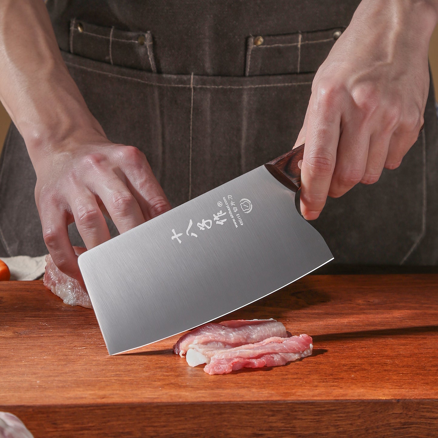 SHI BA ZI ZUO Chinese Knife Vegetable Meat Knife 6.7-inch Stainless Steel Slicer Cleaver, Wooden Handle with Moderate Weight