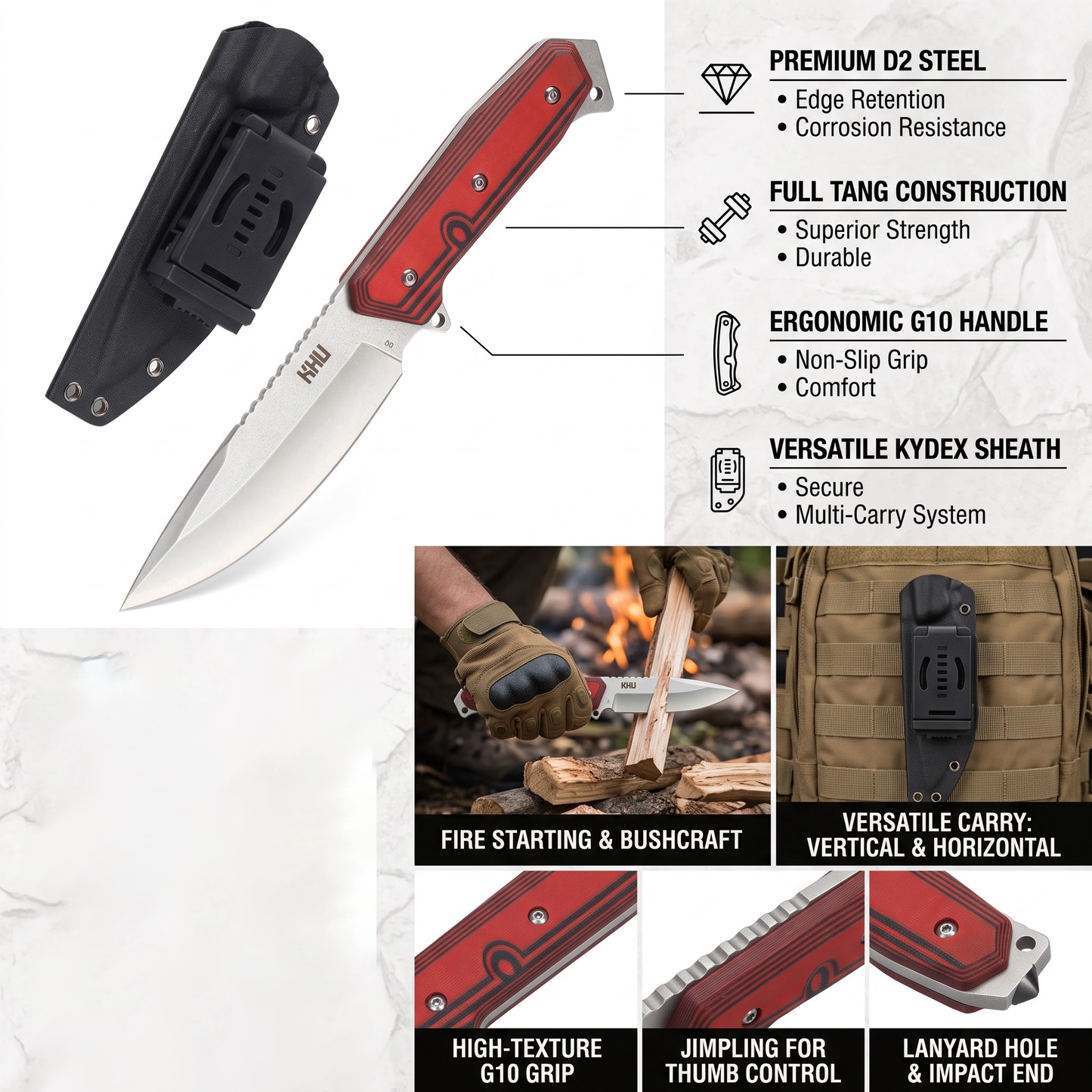 KHU Coltello a lama fissa Coltello da caccia Coltello da sopravvivenza Coltello Bushcraft D2 Acciaio G10 Handle, All'aperto caccia campeggio accessori utili regalo uomo With Kydex Sheath