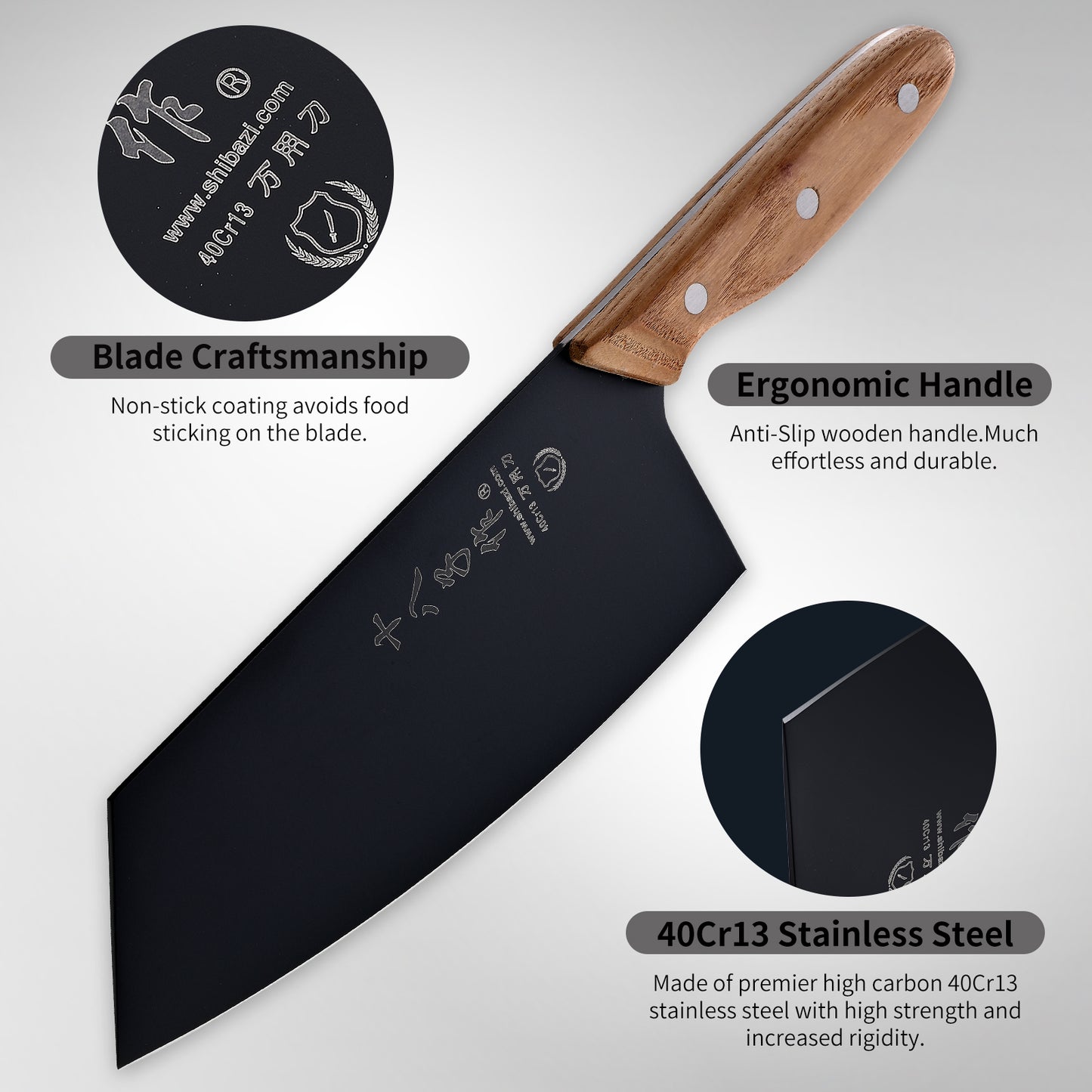 SHI BA ZI ZUO Utility Knife Chinese Vegetable Cleaver for Kitchen Stainless Steel Kitchen Knife with Ergonomic Design Wooden Handle