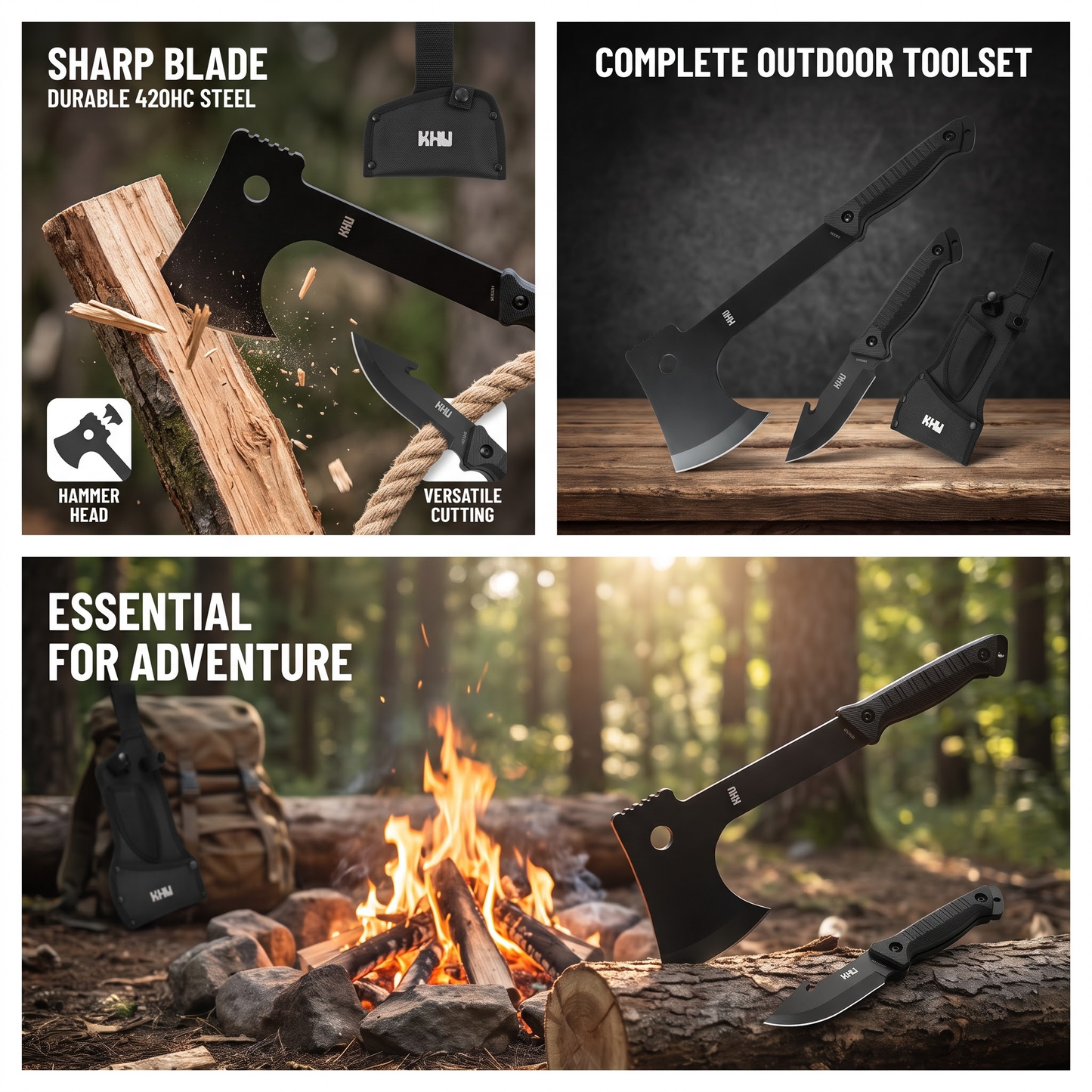 KHU Hacha Supervivencia Hacha leña Tomahawk Hacha Bushcraft Hacha de camping - Con Funda para Caza, Pesca, Camping, Outdoor, Supervivencia y Bushcraft