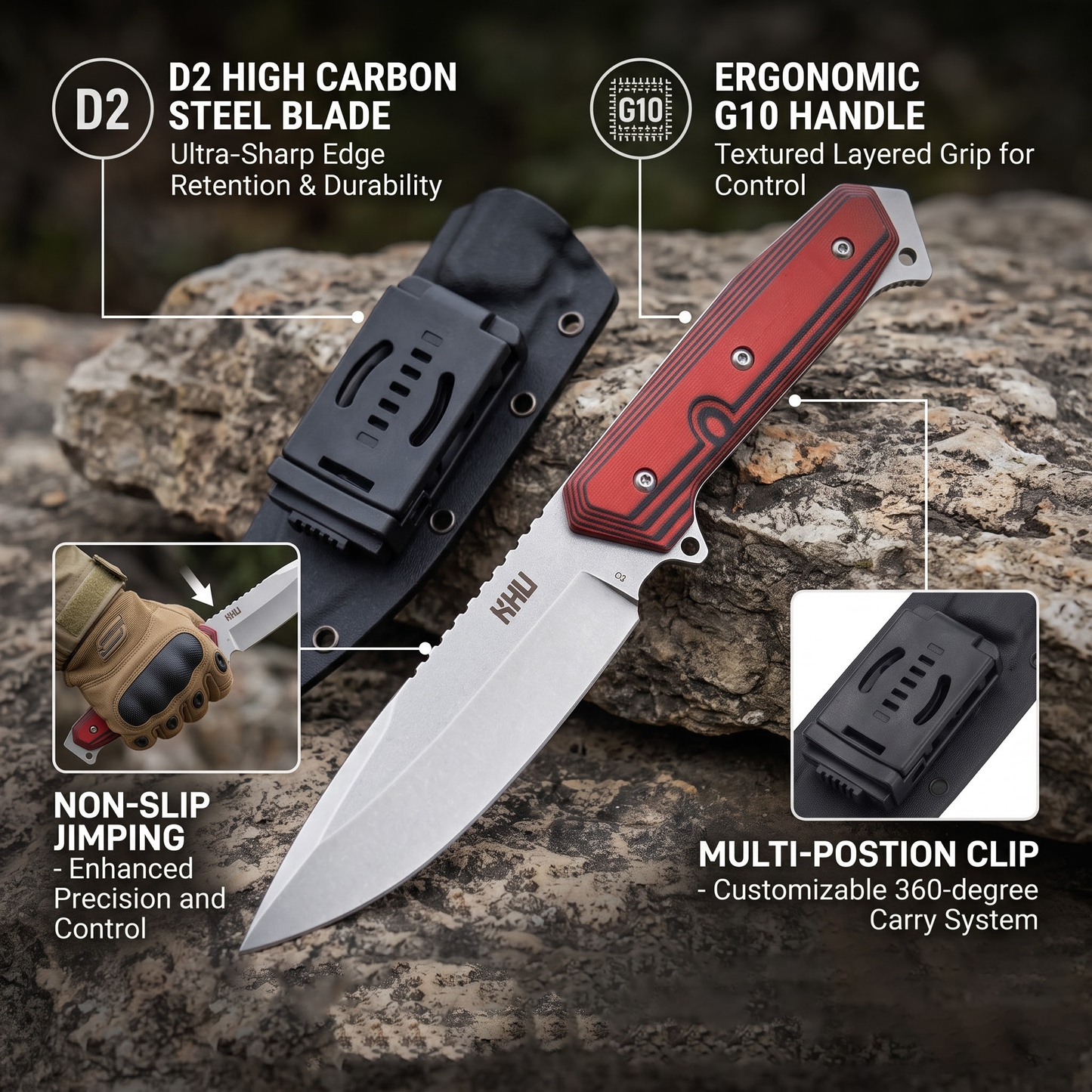 KHU Coltello a lama fissa Coltello da caccia Coltello da sopravvivenza Coltello Bushcraft D2 Acciaio G10 Handle, All'aperto caccia campeggio accessori utili regalo uomo With Kydex Sheath
