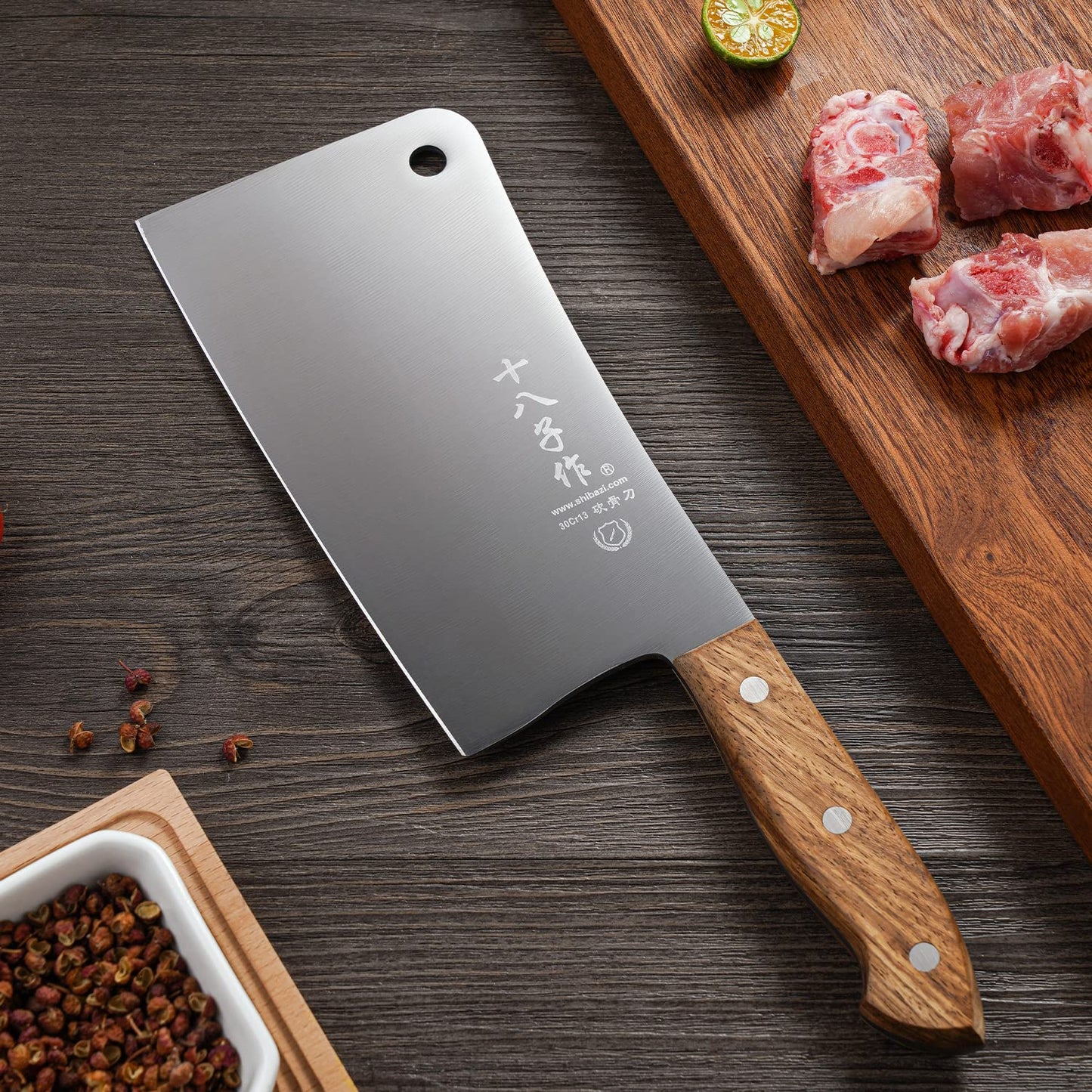 SHI BA ZI ZUO 7 Inch Stainless Steel Heavy Duty Bone Cleaver Butcher Knife Full Tang Handle with Heft