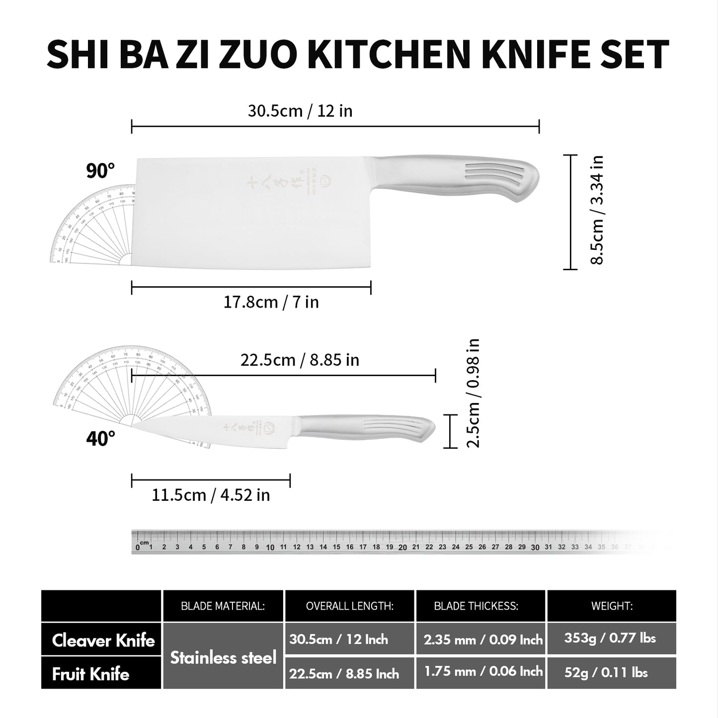 SHI BA ZI ZUO 2 Pcs Knives Set for Kitchen,Cleaver Knife and Fruit Knife,Professional Knife Set with Stainless Steel Handle for Meat and Vegetable Cutting