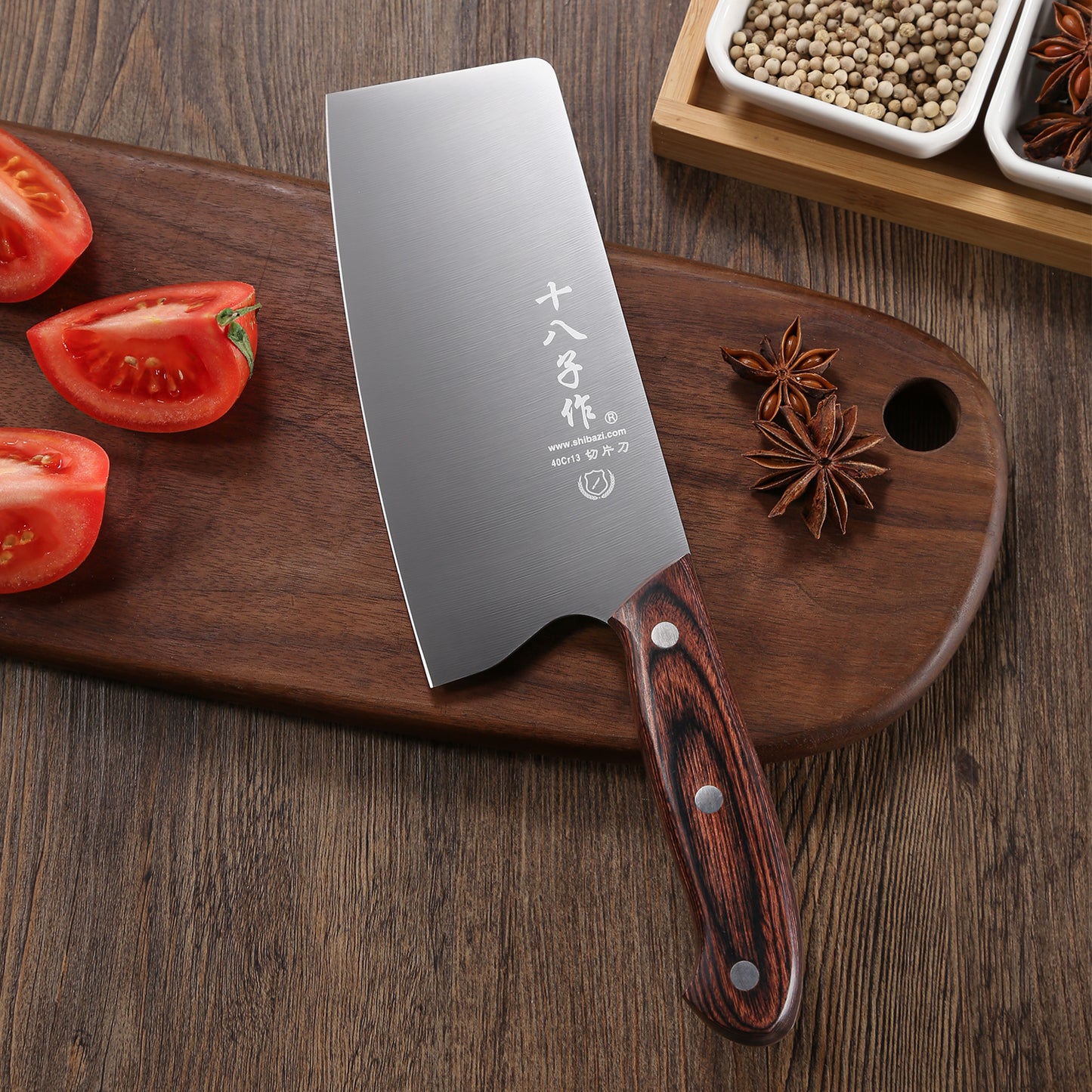 SHI BA ZI ZUO Chinese Knife Vegetable Meat Knife 6.7-inch Stainless Steel Slicer Cleaver, Wooden Handle with Moderate Weight