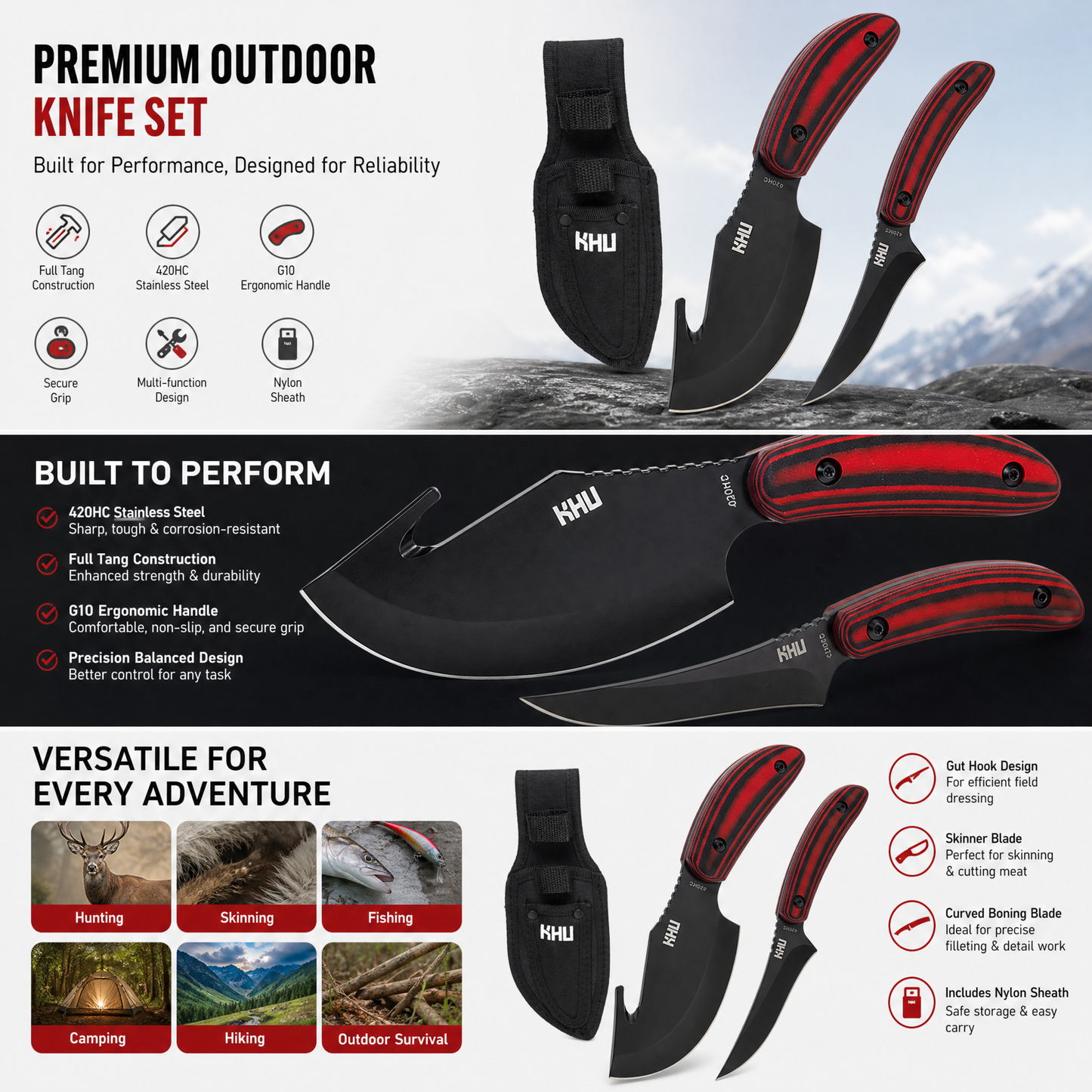 KHU Cuchillo Hoja Fija, Cuchillo Supervivencia Cuchillo Caza Cuchillo Bushcraft D2 Acero Mango de G10, Outdoor Caza Camping Accesorios - Funda Kydex