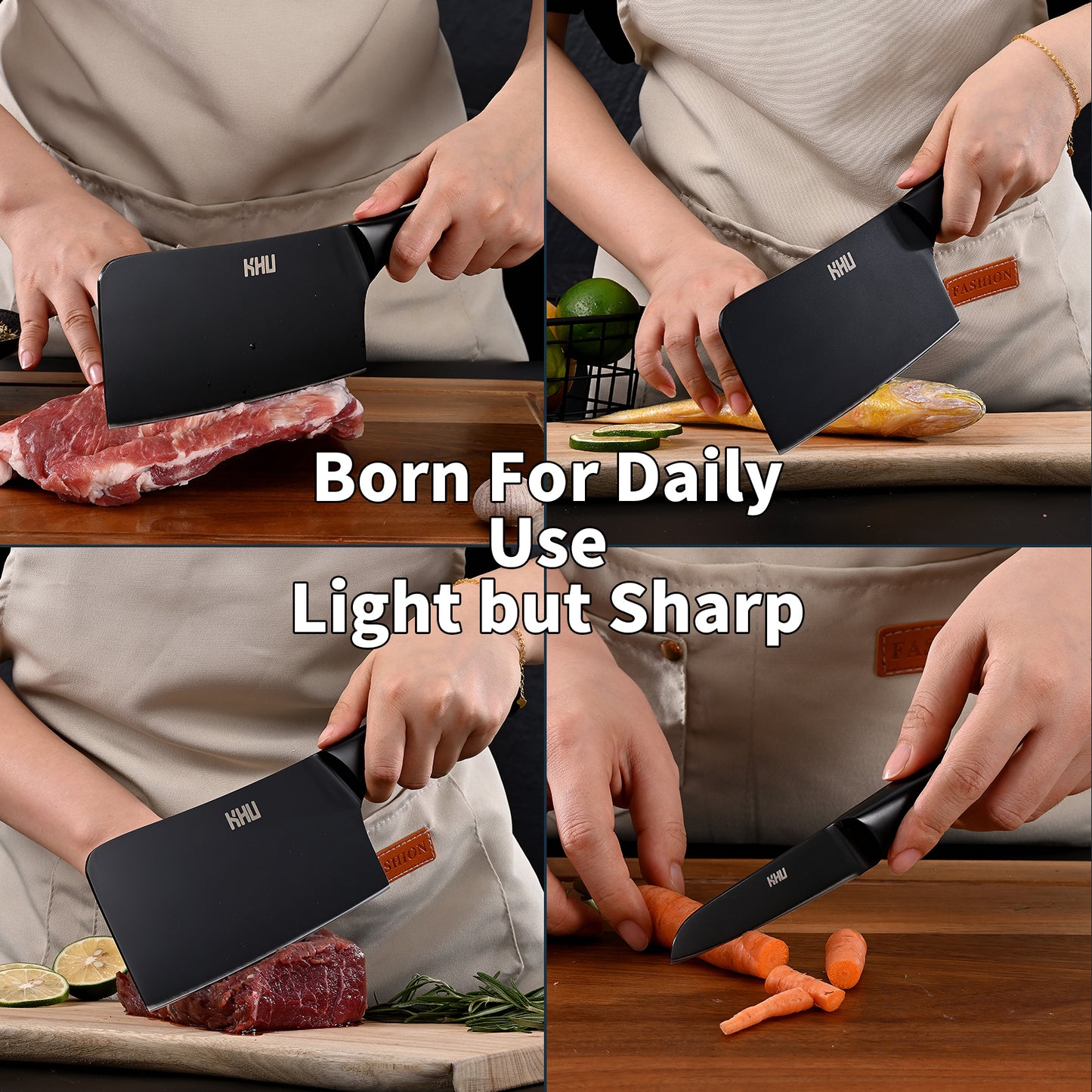 Chopping Knife and Fruit Knife,Black Ti Coating Kitchen Knife Set Meat Bone Chopper Meat Knife Paring Knife with Anti-Slip Hollow Handle