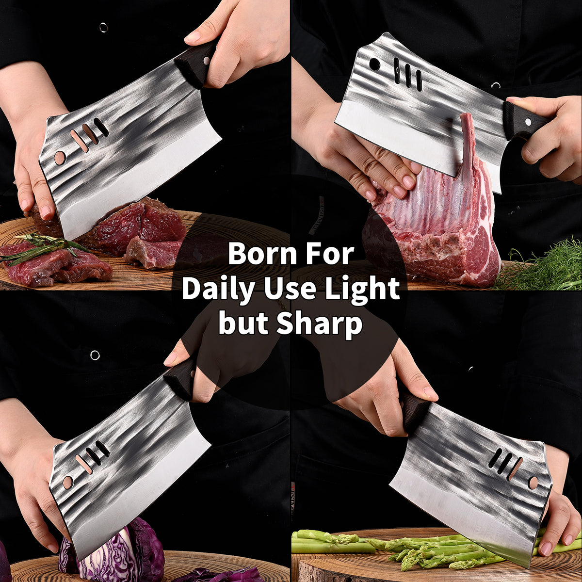 Chopping Knife Forged Cleaver Knife Heavy Duty Kitchen Knife for Meat Cutting with Anti-Slip Wooden Handle