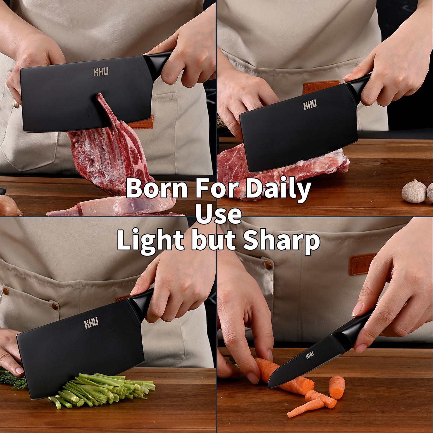 Meat Cleaver and Fruit Knife,2 Pieces Kitchen Knife Set,Black Ti Coating Cleaver Knife Slicing Knife Paring Knife with Hollow Handle