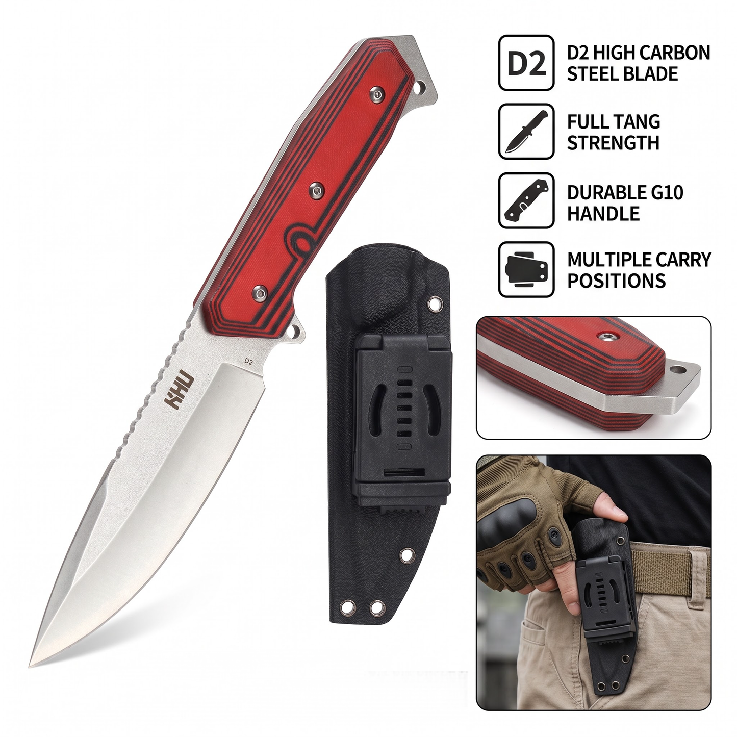 KHU Coltello a lama fissa Coltello da caccia Coltello da sopravvivenza Coltello Bushcraft D2 Acciaio G10 Handle, All'aperto caccia campeggio accessori utili regalo uomo With Kydex Sheath